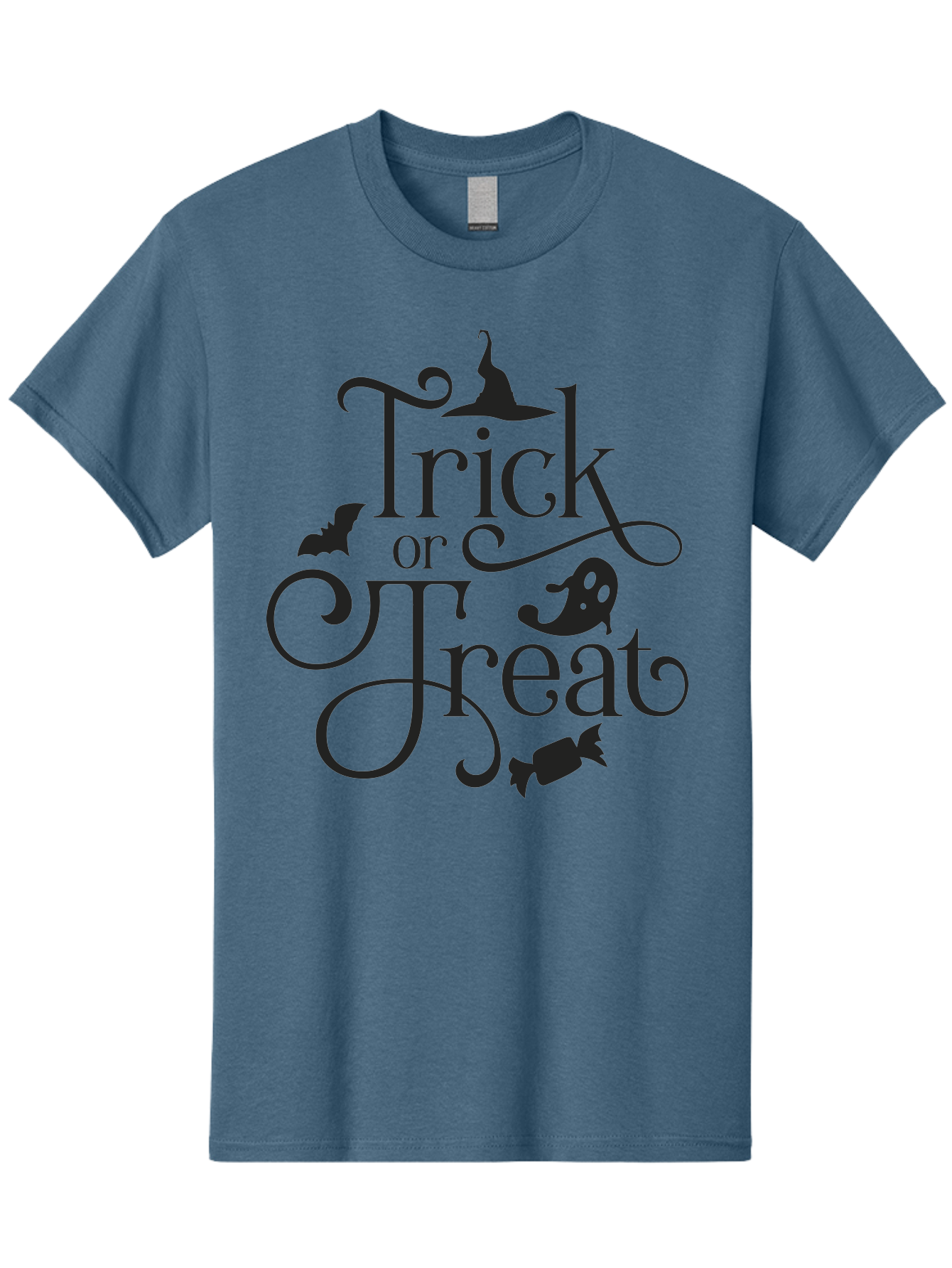 Trick-Or-Treat Men'S Graphic Tee, 100% Cotton, Comfortable Casual Summer Wear, Machine Washable, Halloween Greeting, Trick Or Treat, Black Silhouettes, Witch Hat, Flying Bat, Candy, Spooky Decorations, Halloween Theme, Festive Decor Aad270 25