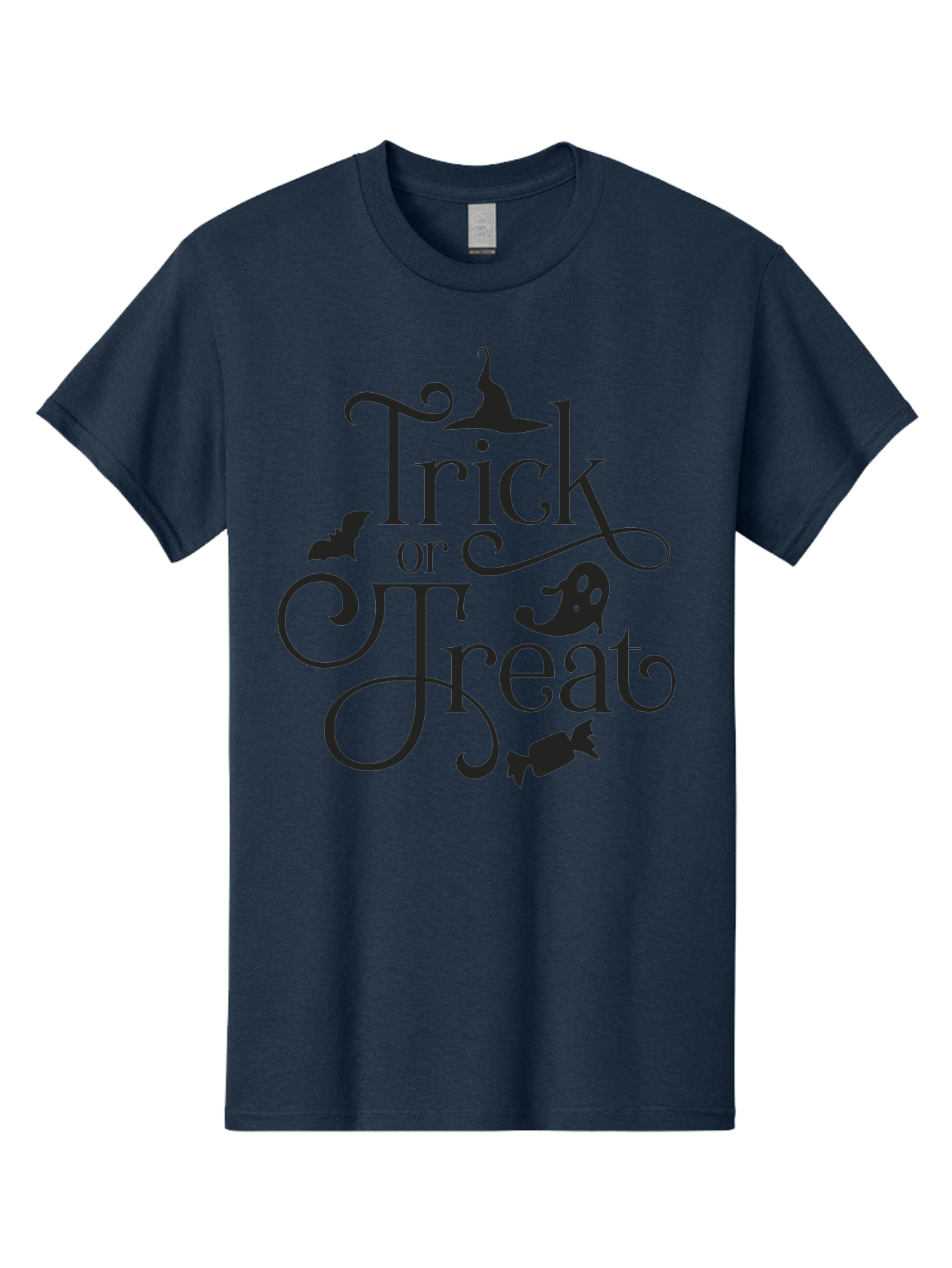Trick-Or-Treat Men'S Graphic Tee, 100% Cotton, Comfortable Casual Summer Wear, Machine Washable, Halloween Greeting, Trick Or Treat, Black Silhouettes, Witch Hat, Flying Bat, Candy, Spooky Decorations, Halloween Theme, Festive Decor Aad270 3