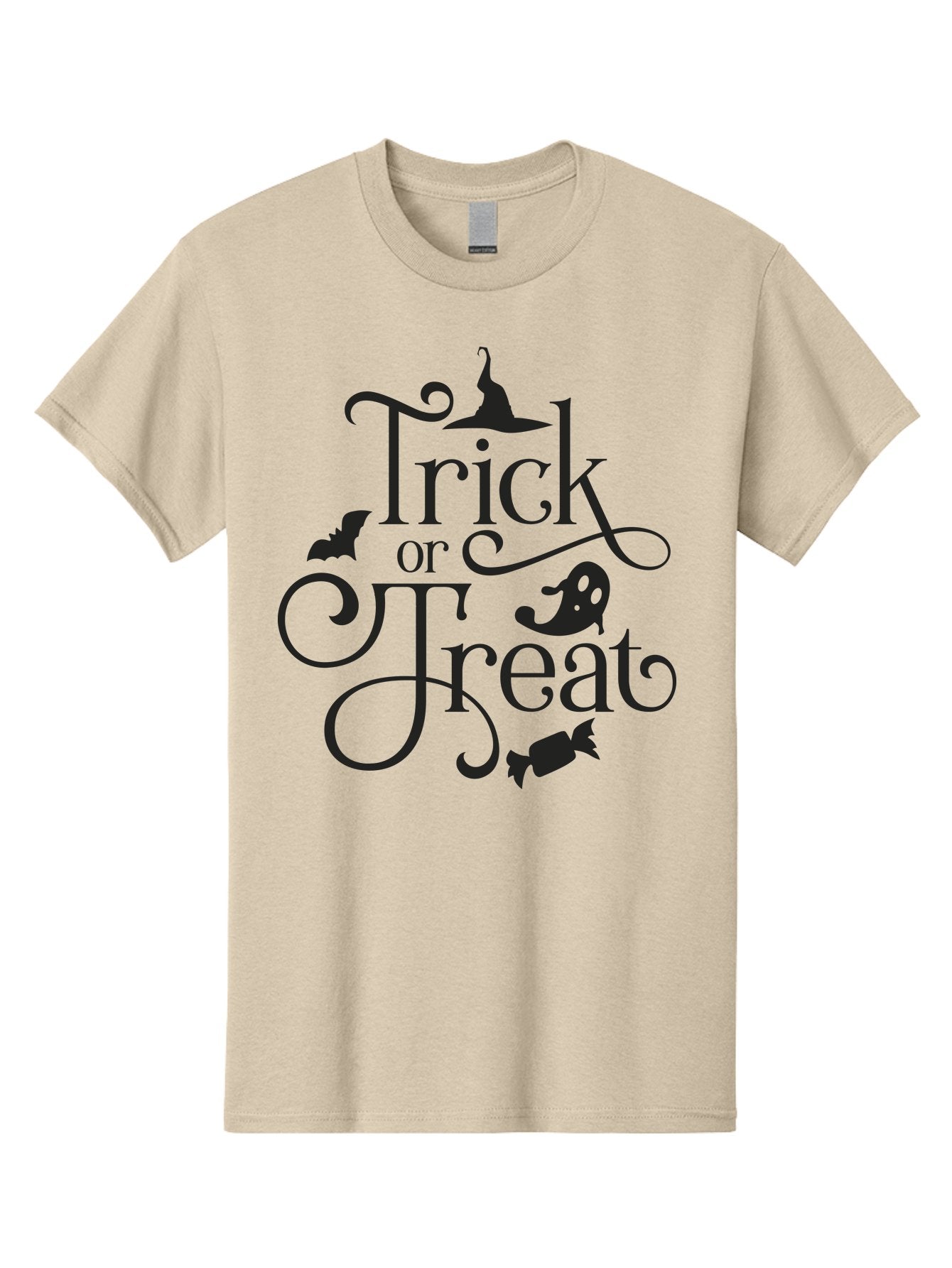 Trick-Or-Treat Men'S Graphic Tee, 100% Cotton, Comfortable Casual Summer Wear, Machine Washable, Halloween Greeting, Trick Or Treat, Black Silhouettes, Witch Hat, Flying Bat, Candy, Spooky Decorations, Halloween Theme, Festive Decor Aad270 9