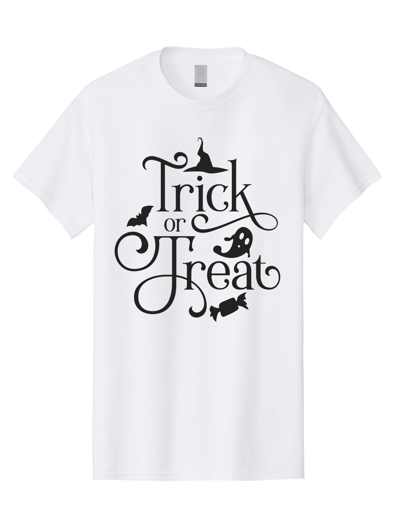 Trick-Or-Treat Men'S Graphic Tee, 100% Cotton, Comfortable Casual Summer Wear, Machine Washable, Halloween Greeting, Trick Or Treat, Black Silhouettes, Witch Hat, Flying Bat, Candy, Spooky Decorations, Halloween Theme, Festive Decor Aad270