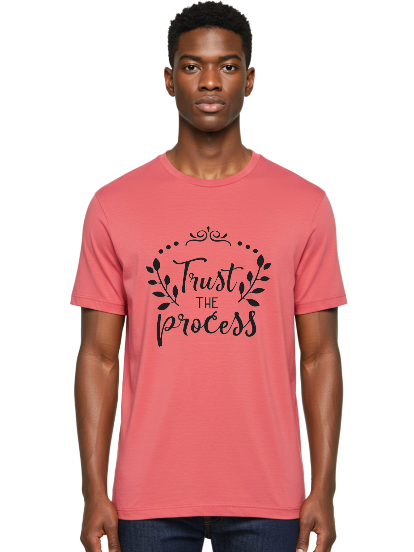 Trust-The-Process Men'S Graphic Tee, 100% Cotton, Comfortable Casual Summer Wear, Machine Washable, Trust The Process, Motivational Quote, Leafy Wreath, Inspirational Words, Positive Affirmation, Decorative Typography, Empowerment Message, Aad272 30