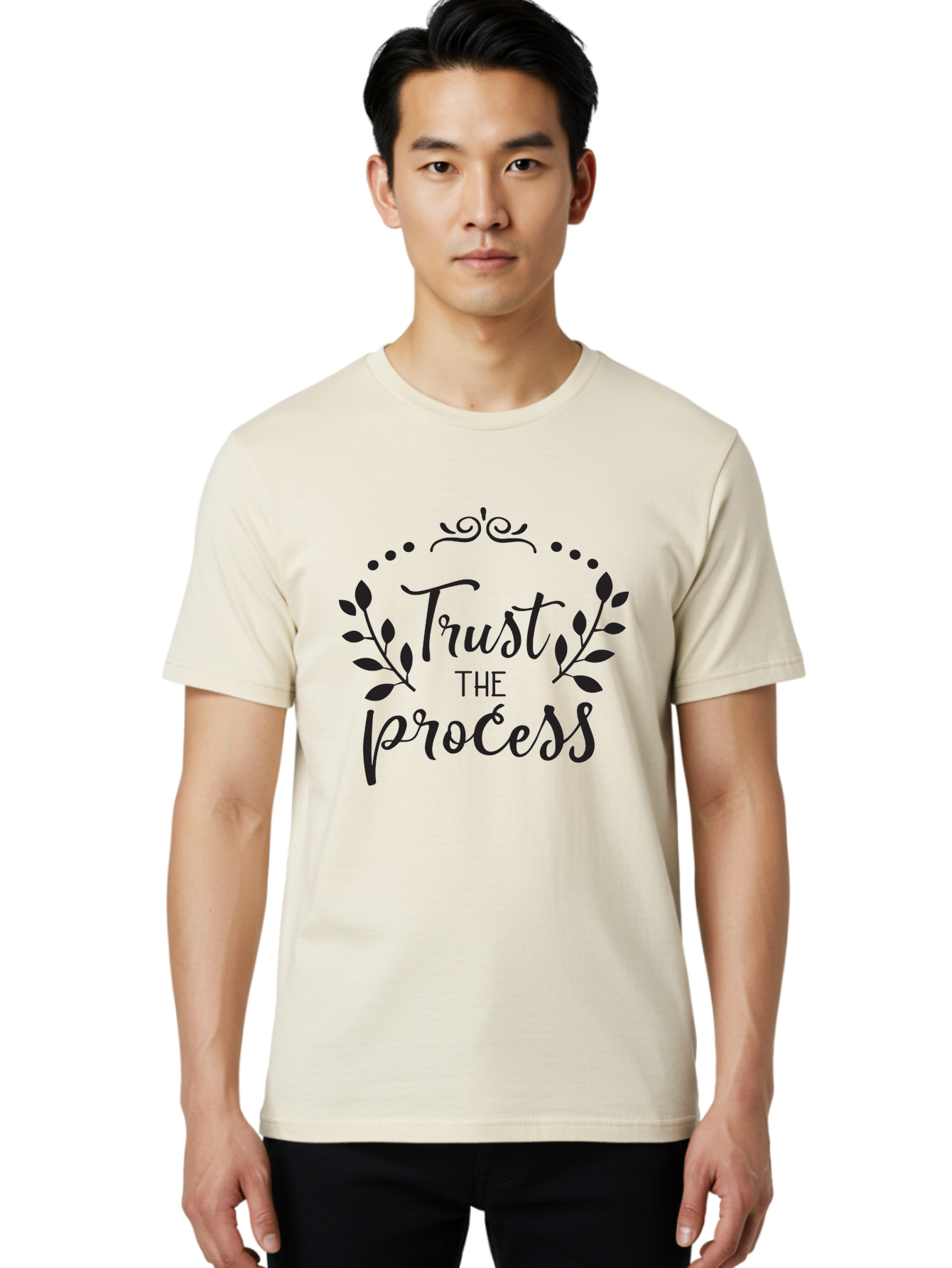 Trust-The-Process Men'S Graphic Tee, 100% Cotton, Comfortable Casual Summer Wear, Machine Washable, Trust The Process, Motivational Quote, Leafy Wreath, Inspirational Words, Positive Affirmation, Decorative Typography, Empowerment Message, Aad272 28