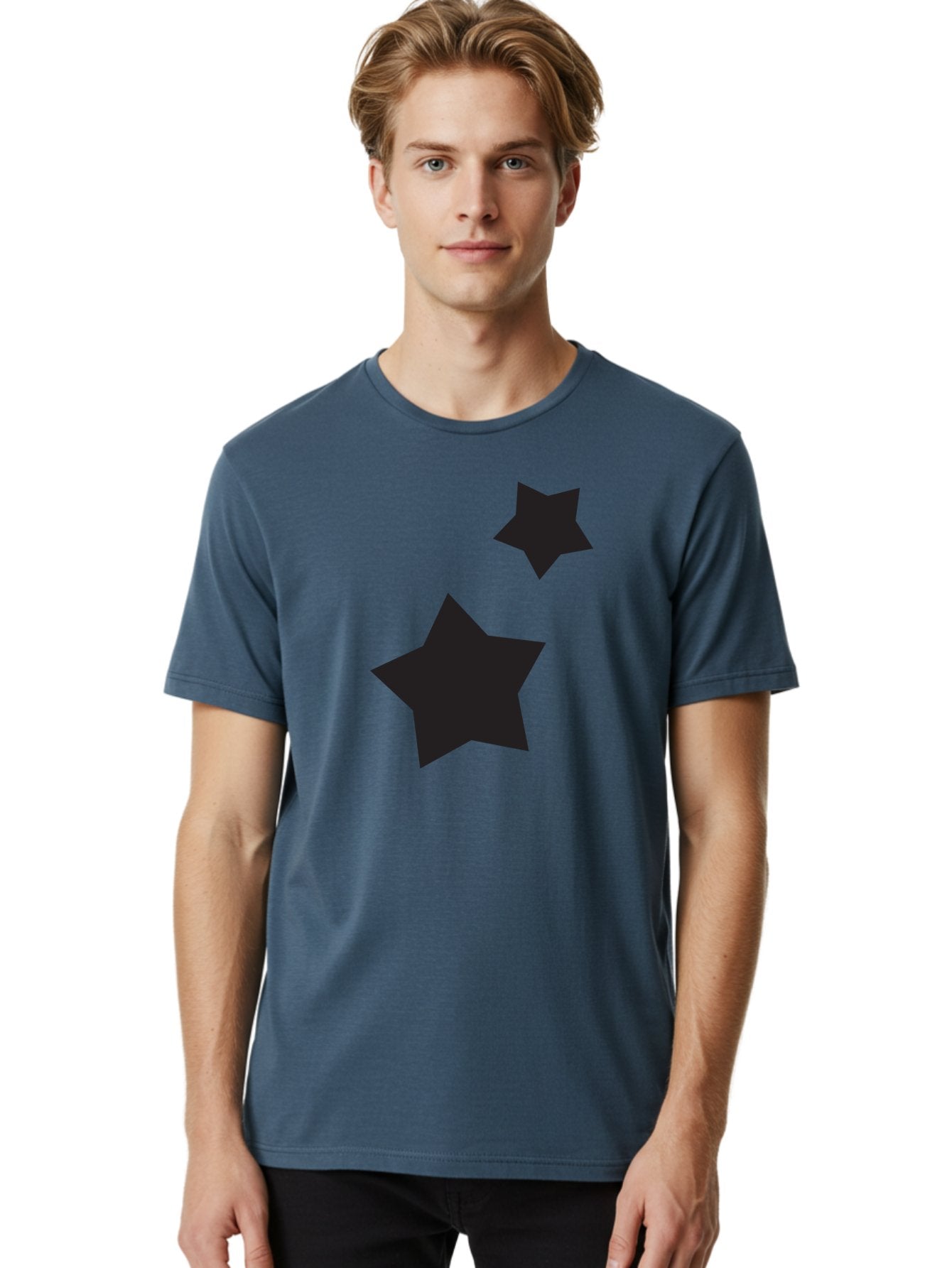 Two-Black-Stars Men'S Graphic Tee, 100% Cotton, Comfortable Casual Summer Wear, Machine Washable, Star Silhouettes, Black Stars, Simple Shapes, Minimalist Design, Abstract Art, Celestial Theme, Graphic Elements, Creative Design Aad275 25