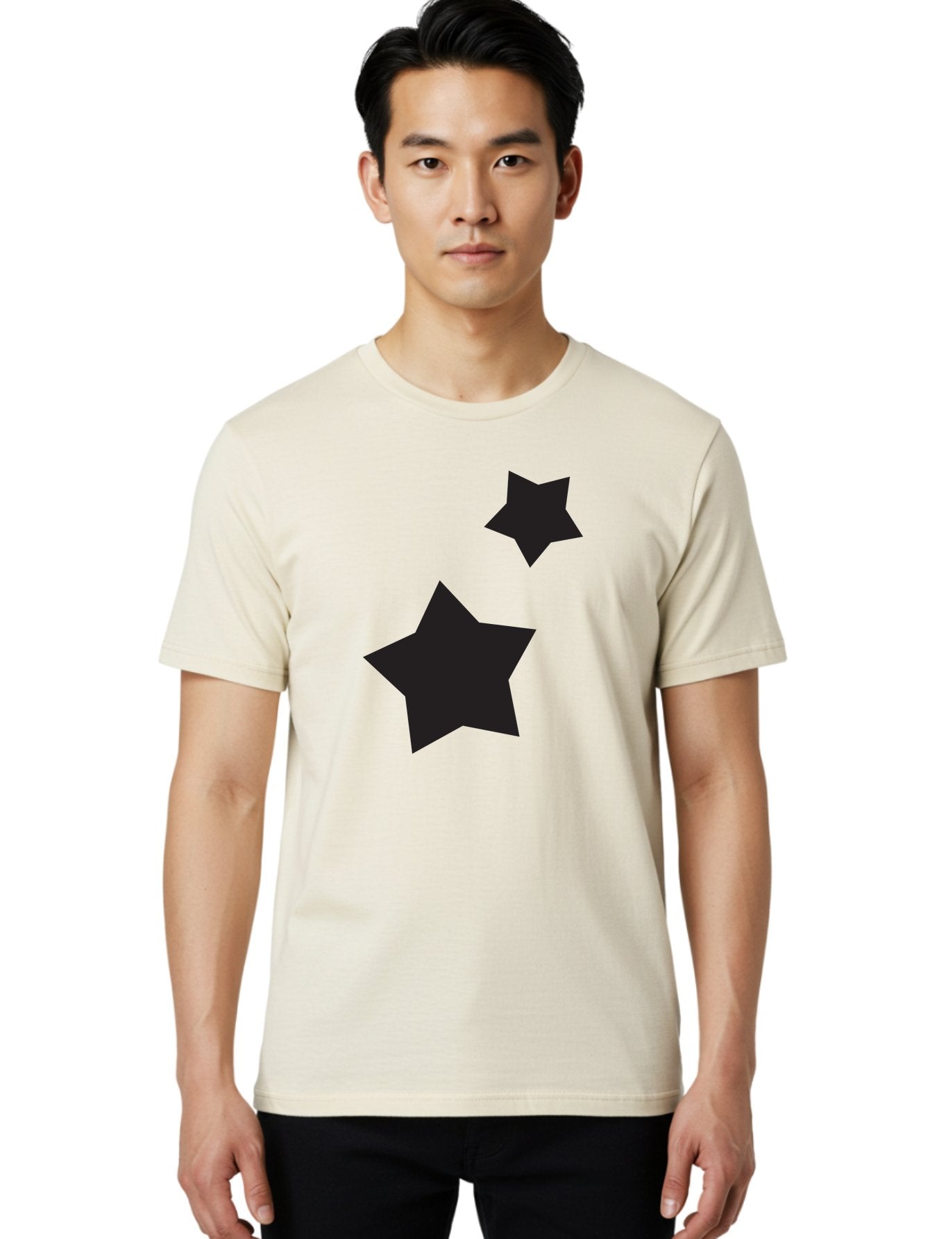 Two-Black-Stars Men'S Graphic Tee, 100% Cotton, Comfortable Casual Summer Wear, Machine Washable, Star Silhouettes, Black Stars, Simple Shapes, Minimalist Design, Abstract Art, Celestial Theme, Graphic Elements, Creative Design Aad275 17