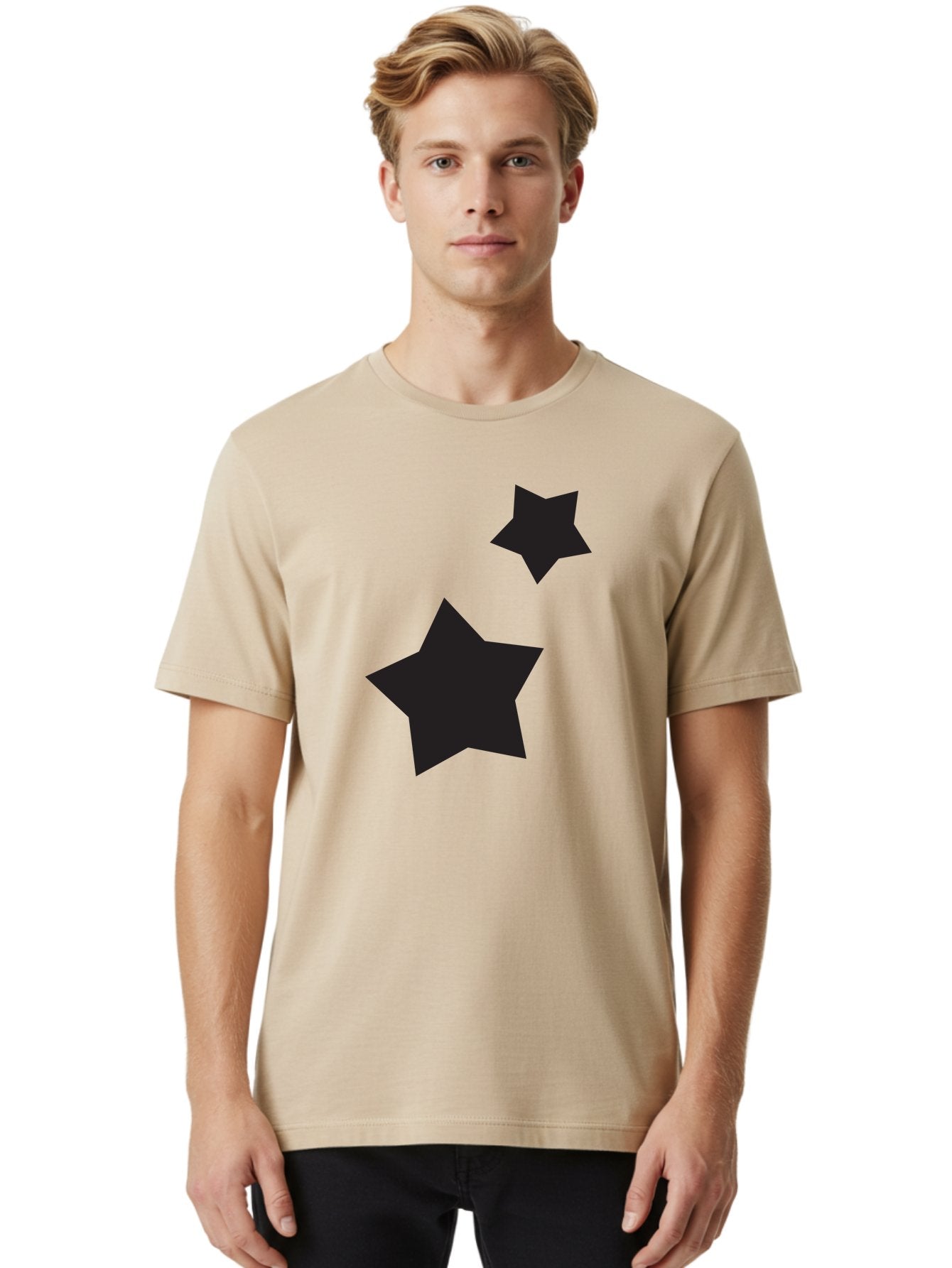 Two-Black-Stars Men'S Graphic Tee, 100% Cotton, Comfortable Casual Summer Wear, Machine Washable, Star Silhouettes, Black Stars, Simple Shapes, Minimalist Design, Abstract Art, Celestial Theme, Graphic Elements, Creative Design Aad275 28