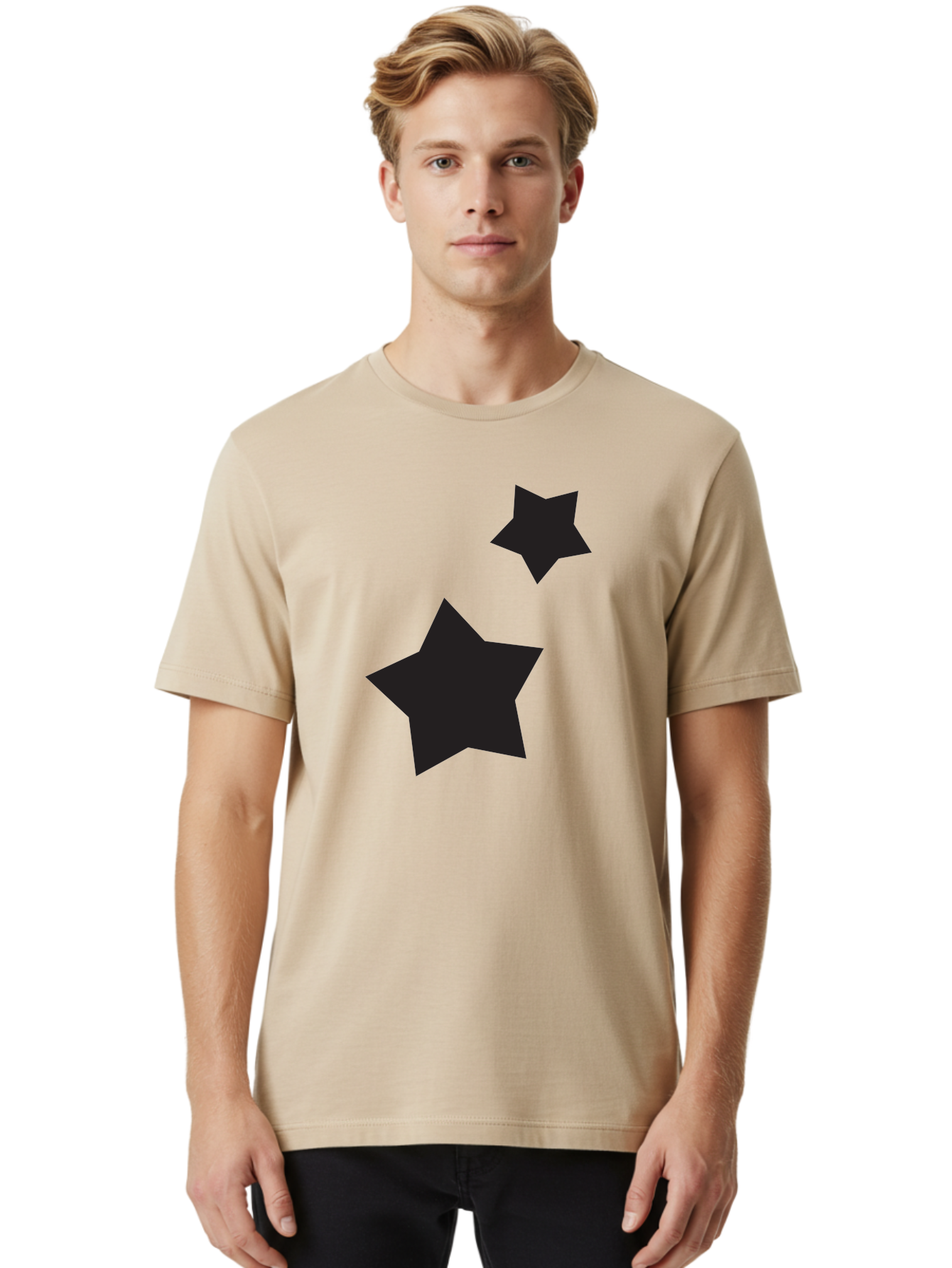 Two-Black-Stars Men'S Graphic Tee, 100% Cotton, Comfortable Casual Summer Wear, Machine Washable, Star Silhouettes, Black Stars, Simple Shapes, Minimalist Design, Abstract Art, Celestial Theme, Graphic Elements, Creative Design Aad275 6