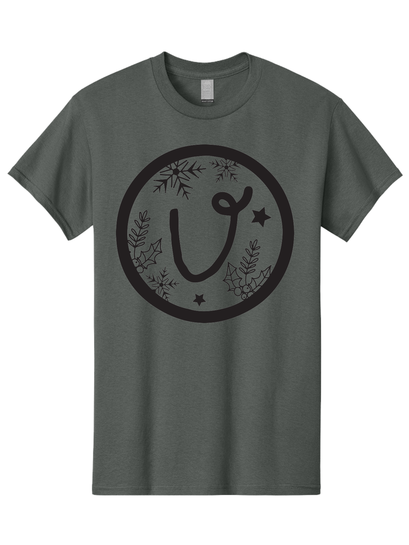 U Men'S Graphic Tee, 100% Cotton, Comfortable Casual Summer Wear, Machine Washable, Christmas Wreath, Holiday Decoration, Festive Design, Snowflakes, Holly Leaves, Stars, Seasonal Symbol, Winter Theme, Celebration, Black And Green, 'U' Letter Aad278 25