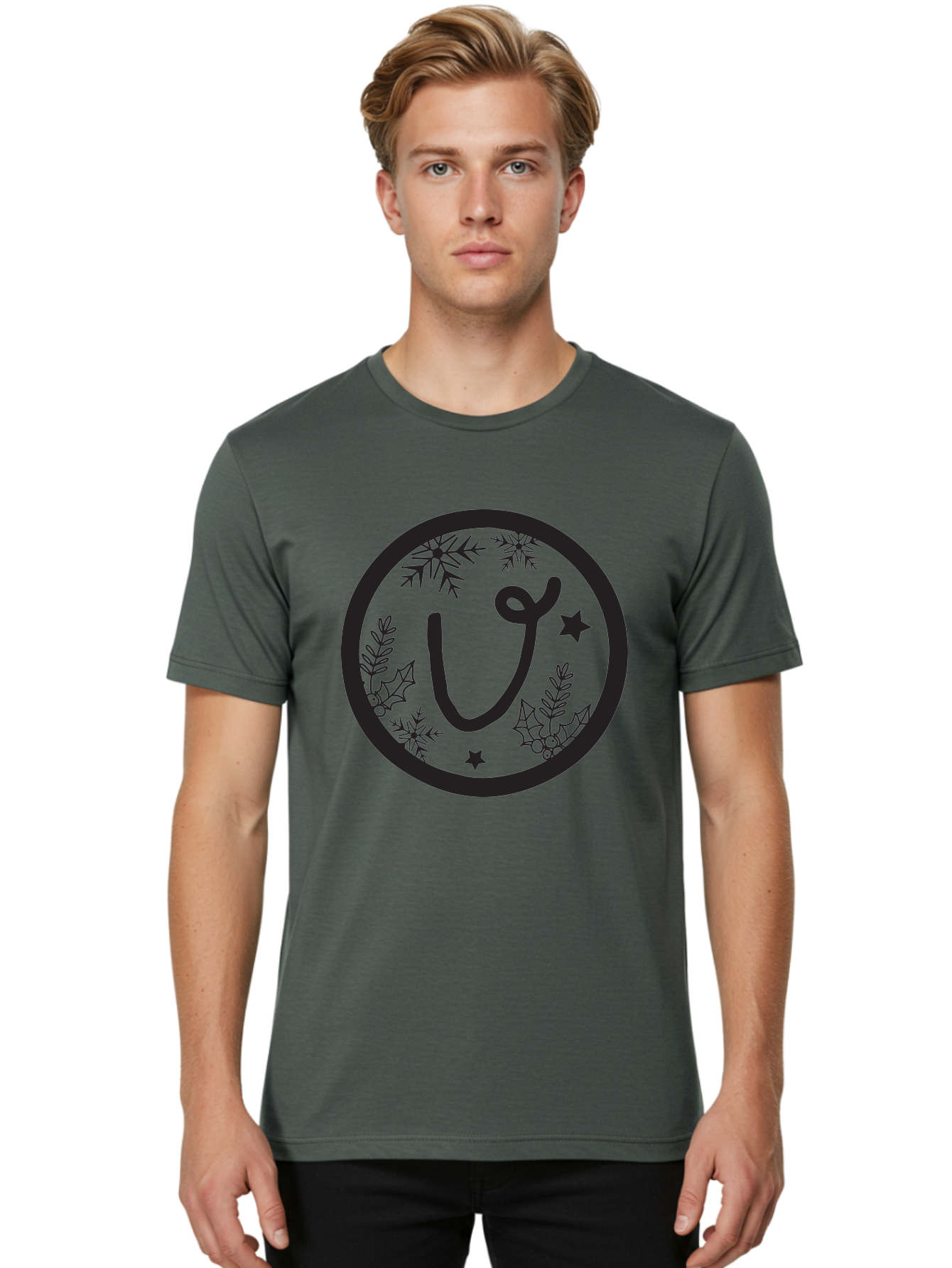 U Men'S Graphic Tee, 100% Cotton, Comfortable Casual Summer Wear, Machine Washable, Christmas Wreath, Holiday Decoration, Festive Design, Snowflakes, Holly Leaves, Stars, Seasonal Symbol, Winter Theme, Celebration, Black And Green, 'U' Letter Aad278 26
