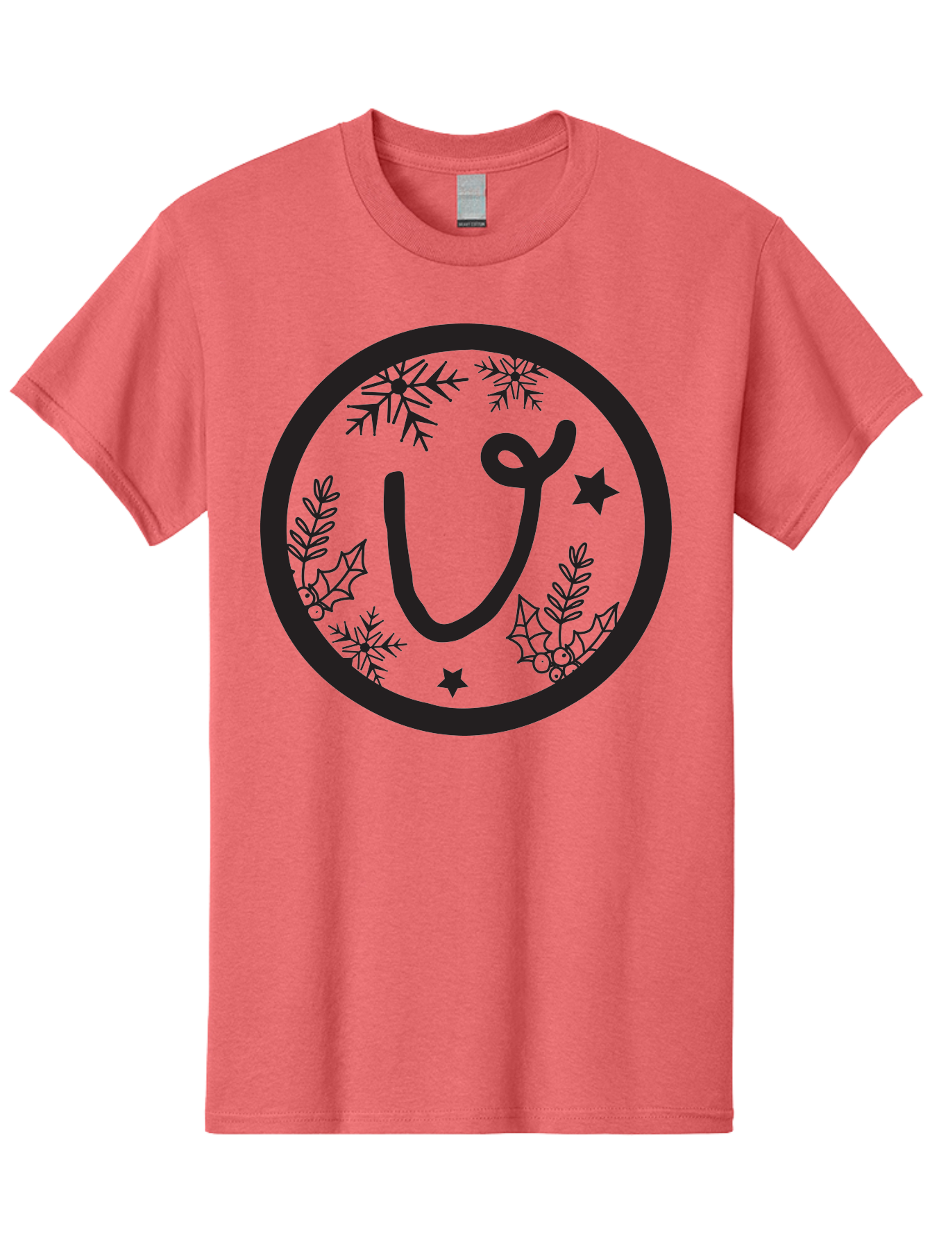 U Men'S Graphic Tee, 100% Cotton, Comfortable Casual Summer Wear, Machine Washable, Christmas Wreath, Holiday Decoration, Festive Design, Snowflakes, Holly Leaves, Stars, Seasonal Symbol, Winter Theme, Celebration, Black And Green, 'U' Letter Aad278 5