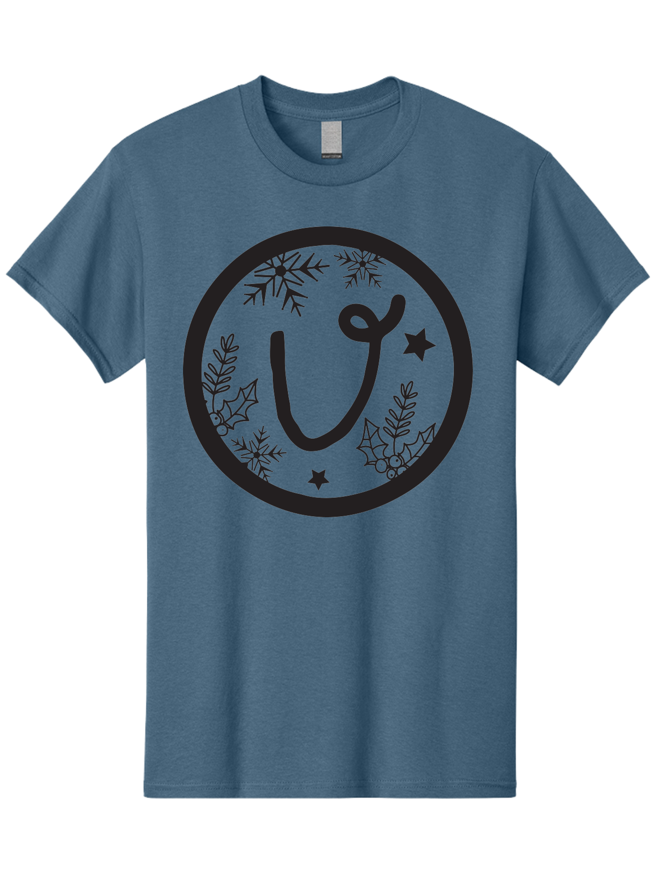 U Men'S Graphic Tee, 100% Cotton, Comfortable Casual Summer Wear, Machine Washable, Christmas Wreath, Holiday Decoration, Festive Design, Snowflakes, Holly Leaves, Stars, Seasonal Symbol, Winter Theme, Celebration, Black And Green, 'U' Letter Aad278 29