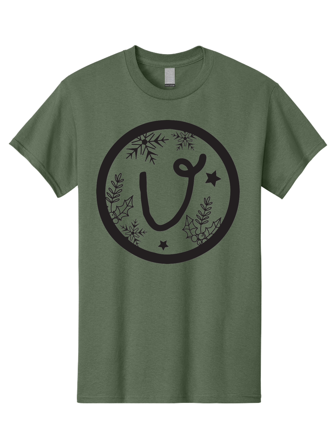 U Men'S Graphic Tee, 100% Cotton, Comfortable Casual Summer Wear, Machine Washable, Christmas Wreath, Holiday Decoration, Festive Design, Snowflakes, Holly Leaves, Stars, Seasonal Symbol, Winter Theme, Celebration, Black And Green, 'U' Letter Aad278