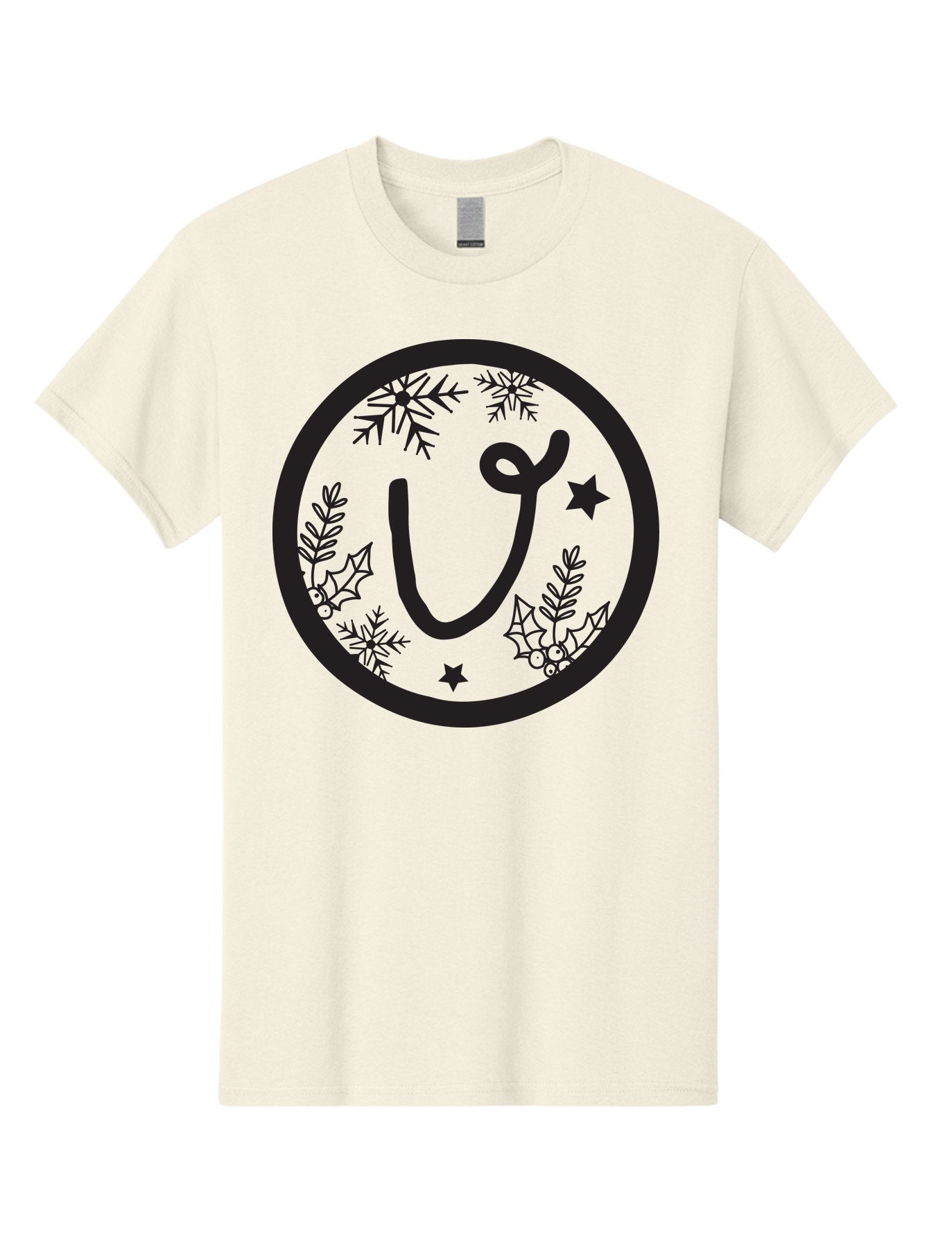 U Men'S Graphic Tee, 100% Cotton, Comfortable Casual Summer Wear, Machine Washable, Christmas Wreath, Holiday Decoration, Festive Design, Snowflakes, Holly Leaves, Stars, Seasonal Symbol, Winter Theme, Celebration, Black And Green, 'U' Letter Aad278