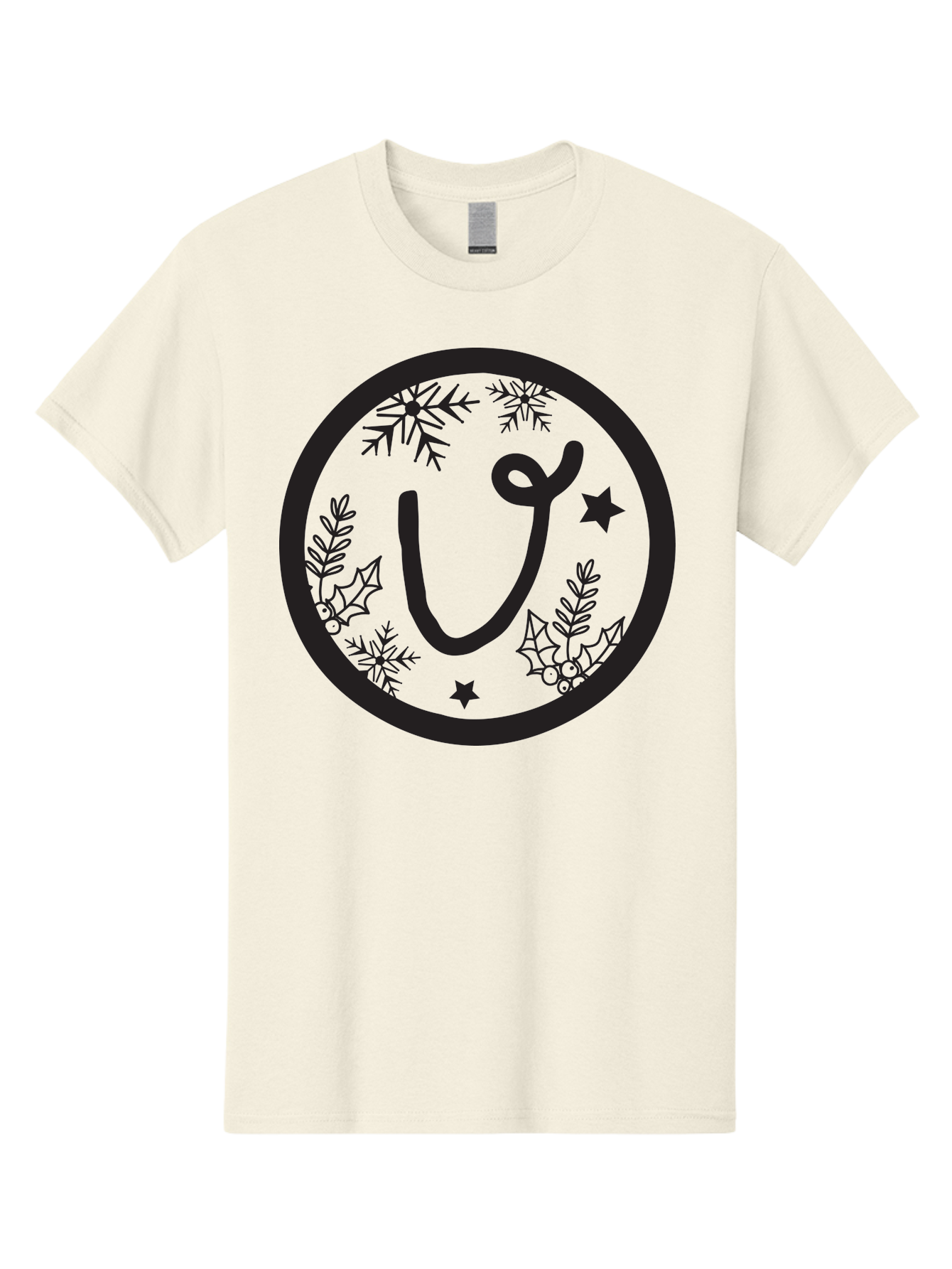 U Men'S Graphic Tee, 100% Cotton, Comfortable Casual Summer Wear, Machine Washable, Christmas Wreath, Holiday Decoration, Festive Design, Snowflakes, Holly Leaves, Stars, Seasonal Symbol, Winter Theme, Celebration, Black And Green, 'U' Letter Aad278 21