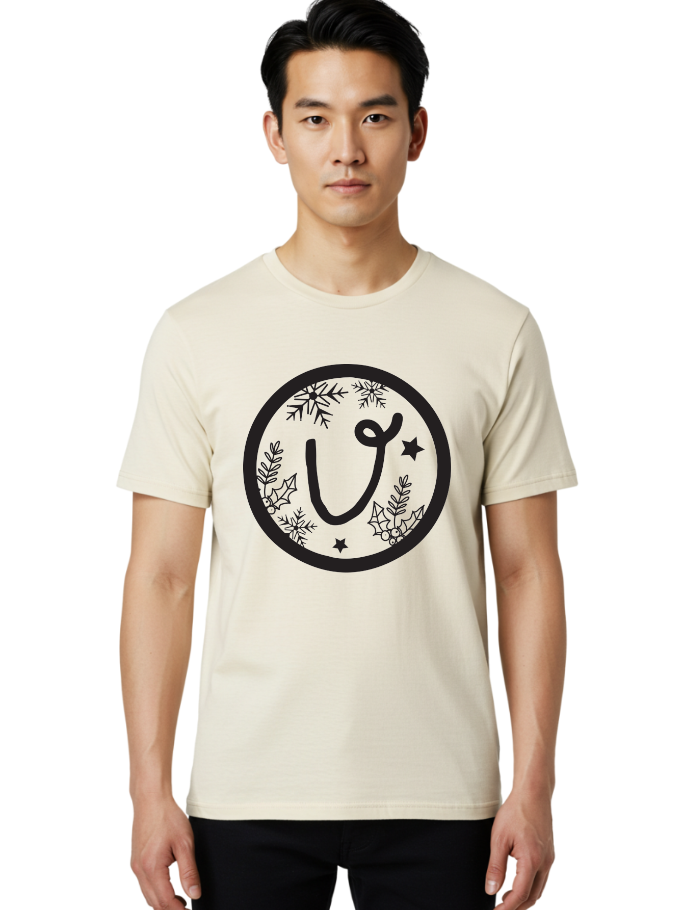 U Men'S Graphic Tee, 100% Cotton, Comfortable Casual Summer Wear, Machine Washable, Christmas Wreath, Holiday Decoration, Festive Design, Snowflakes, Holly Leaves, Stars, Seasonal Symbol, Winter Theme, Celebration, Black And Green, 'U' Letter Aad278 22