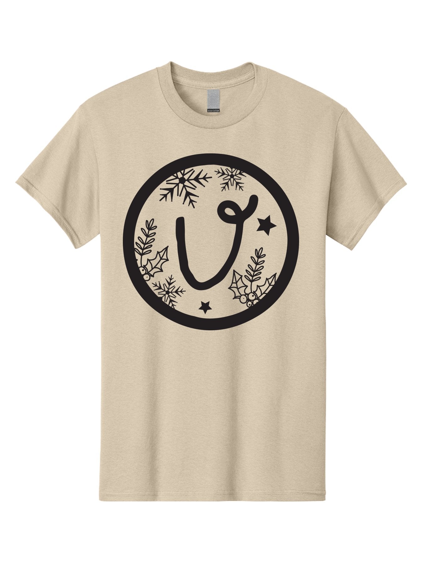 U Men'S Graphic Tee, 100% Cotton, Comfortable Casual Summer Wear, Machine Washable, Christmas Wreath, Holiday Decoration, Festive Design, Snowflakes, Holly Leaves, Stars, Seasonal Symbol, Winter Theme, Celebration, Black And Green, 'U' Letter Aad278 9