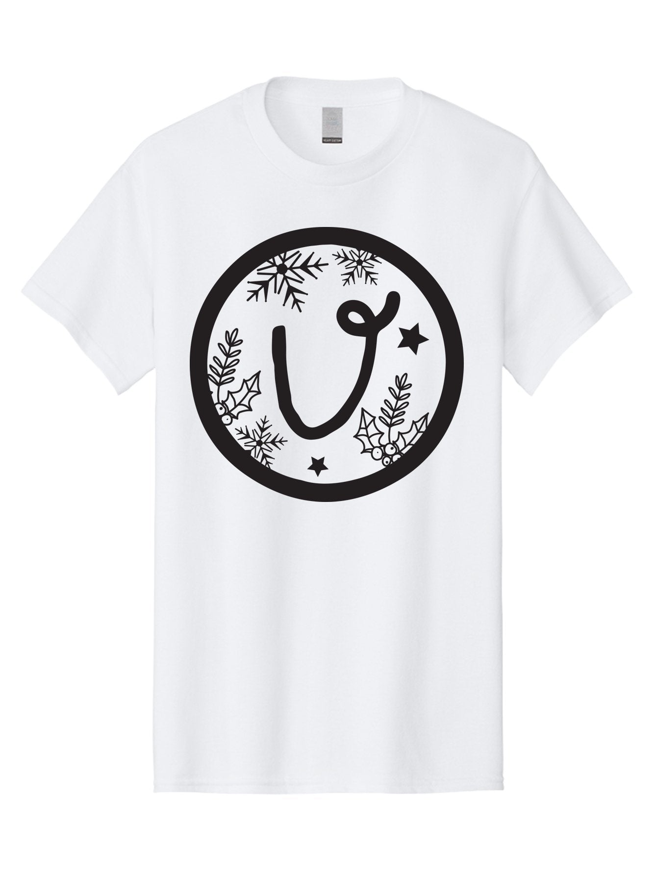 U Men'S Graphic Tee, 100% Cotton, Comfortable Casual Summer Wear, Machine Washable, Christmas Wreath, Holiday Decoration, Festive Design, Snowflakes, Holly Leaves, Stars, Seasonal Symbol, Winter Theme, Celebration, Black And Green, 'U' Letter Aad278 4