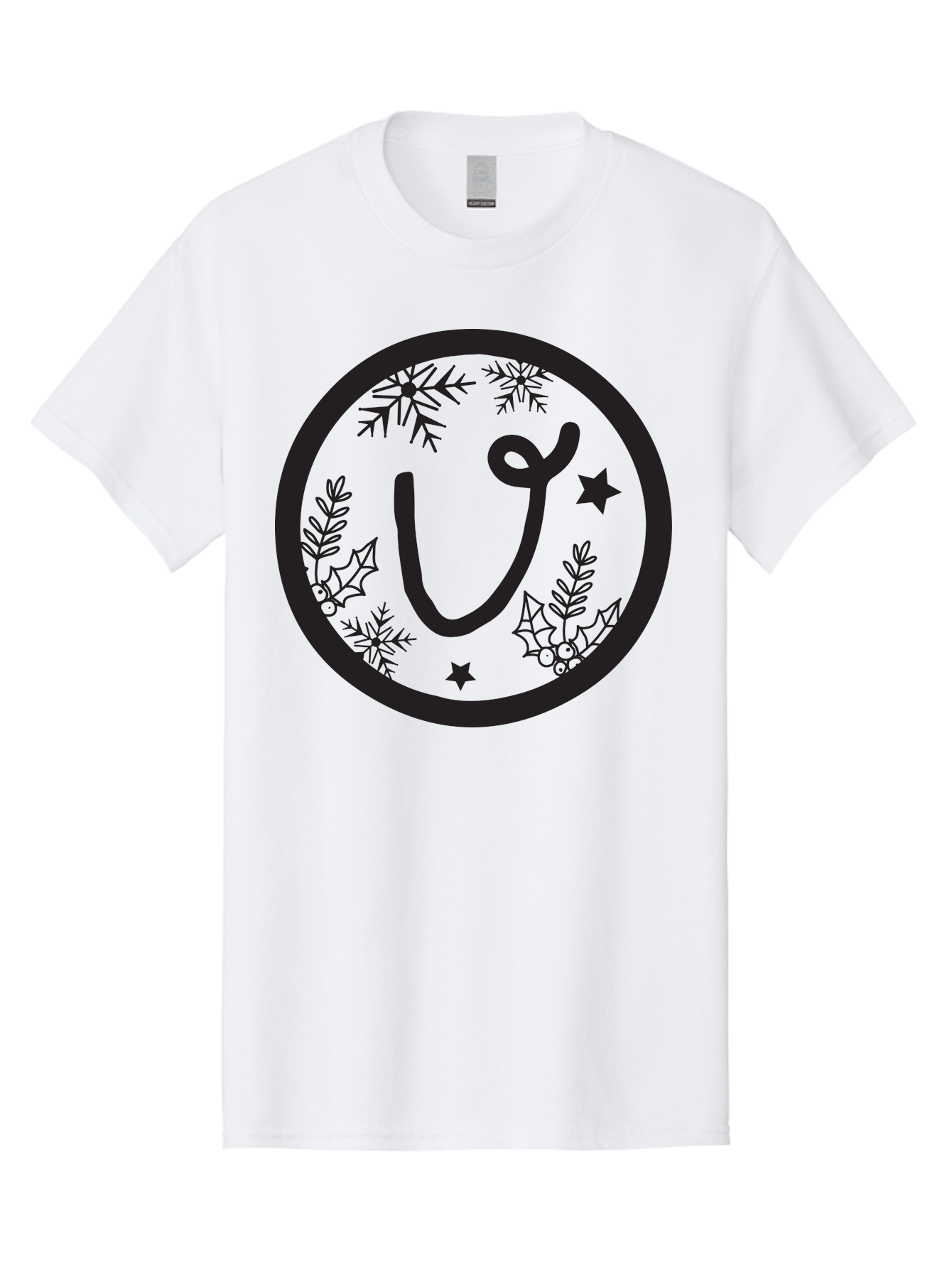U Men'S Graphic Tee, 100% Cotton, Comfortable Casual Summer Wear, Machine Washable, Christmas Wreath, Holiday Decoration, Festive Design, Snowflakes, Holly Leaves, Stars, Seasonal Symbol, Winter Theme, Celebration, Black And Green, 'U' Letter Aad278 23