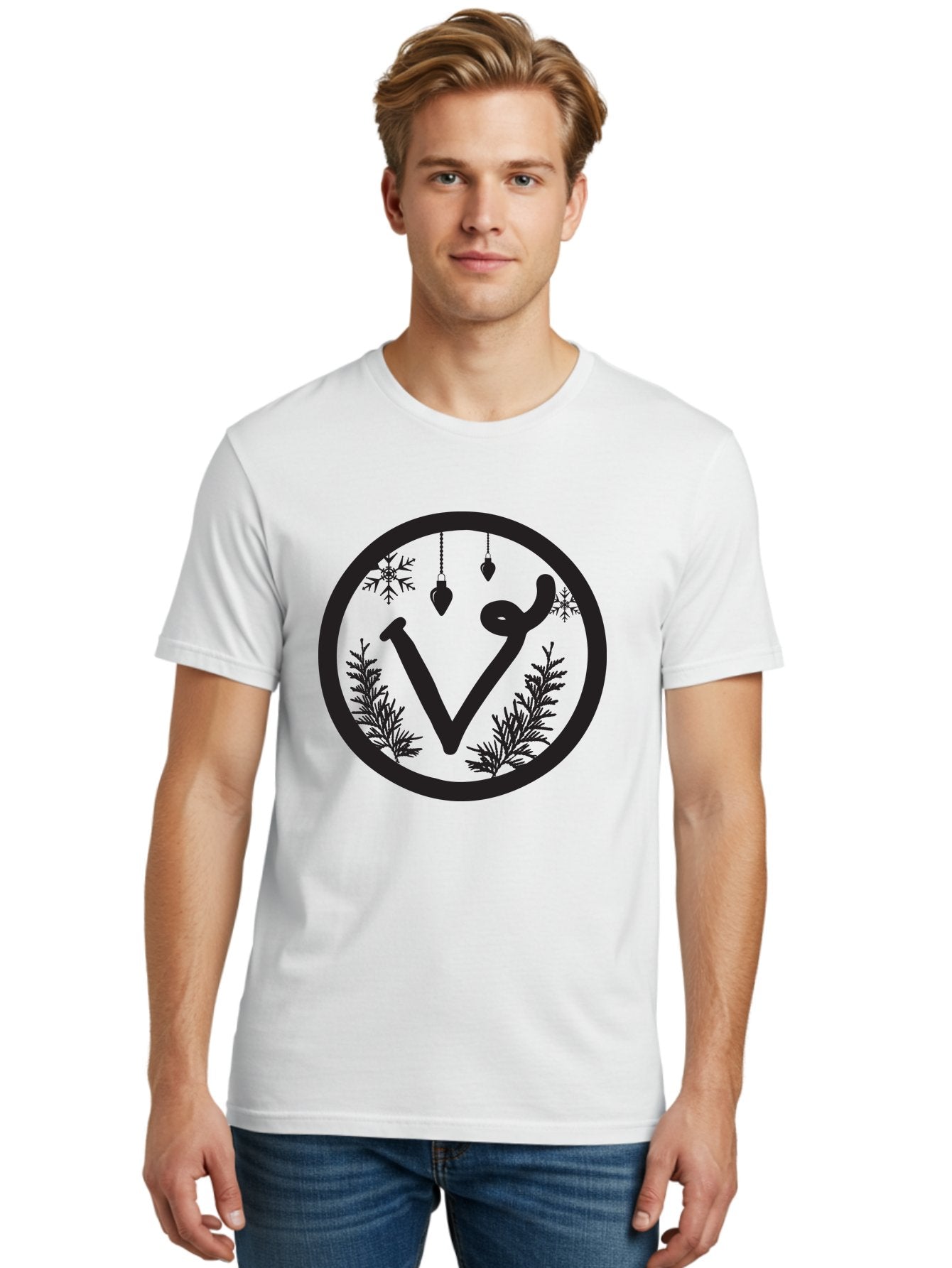 V-Rune-Symbol Men'S Graphic Tee, 100% Cotton, Comfortable Casual Summer Wear, Machine Washable, V Rune Symbol, Norse Mythology, Ancient Runes, Mystical Symbols, Winter Solstice, Snowflakes, Hanging Ornaments, Fir Branches, Mysticism, Aad279 17