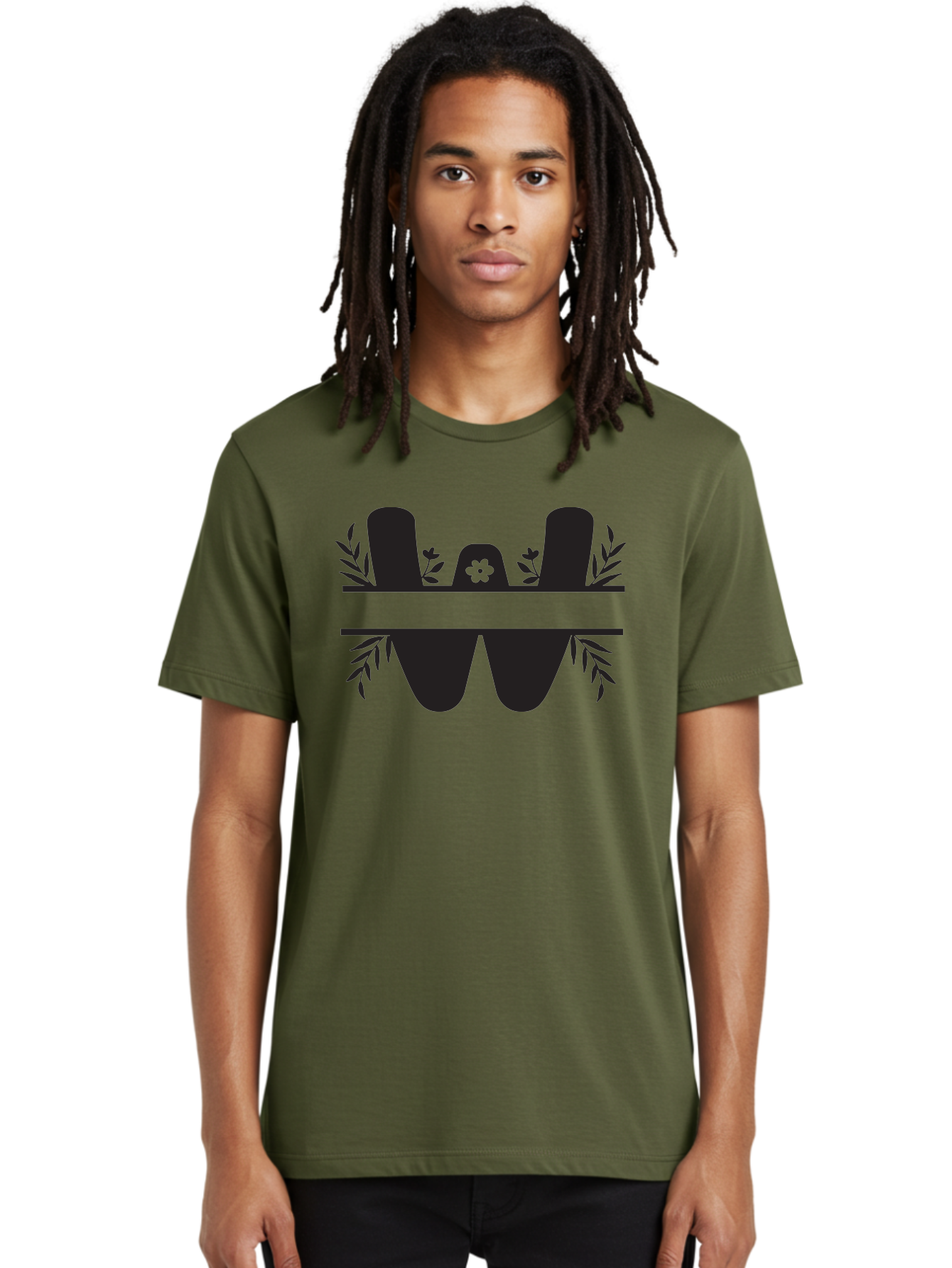 W-Logo Men'S Graphic Tee, 100% Cotton, Comfortable Casual Summer Wear, Machine Washable, Stylized Letter W, Floral Motifs, Minimalist Design, Black Silhouette, Leafy Pattern, Four-Leaf Clover Aad283 8