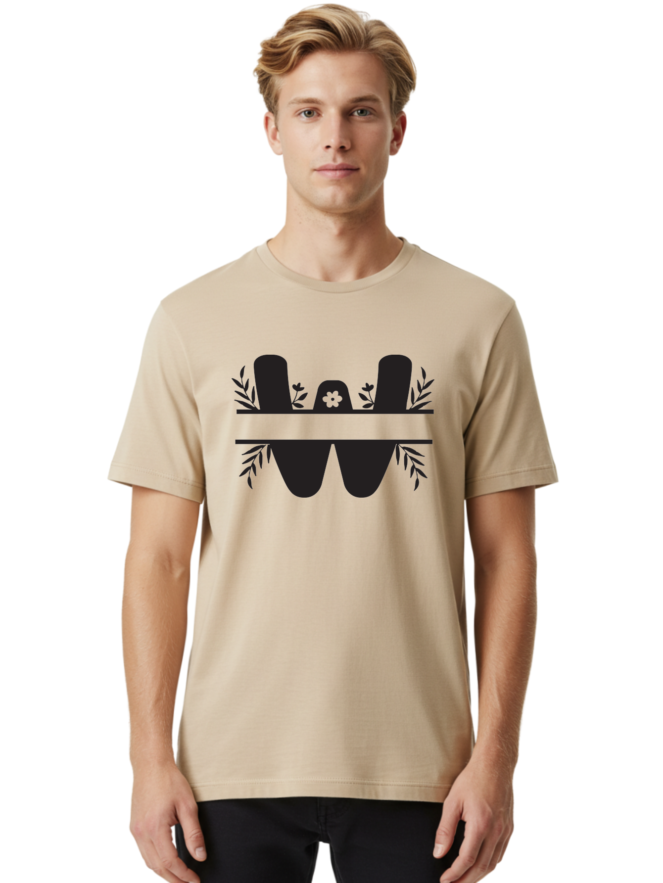 W-Logo Men'S Graphic Tee, 100% Cotton, Comfortable Casual Summer Wear, Machine Washable, Stylized Letter W, Floral Motifs, Minimalist Design, Black Silhouette, Leafy Pattern, Four-Leaf Clover Aad283 14