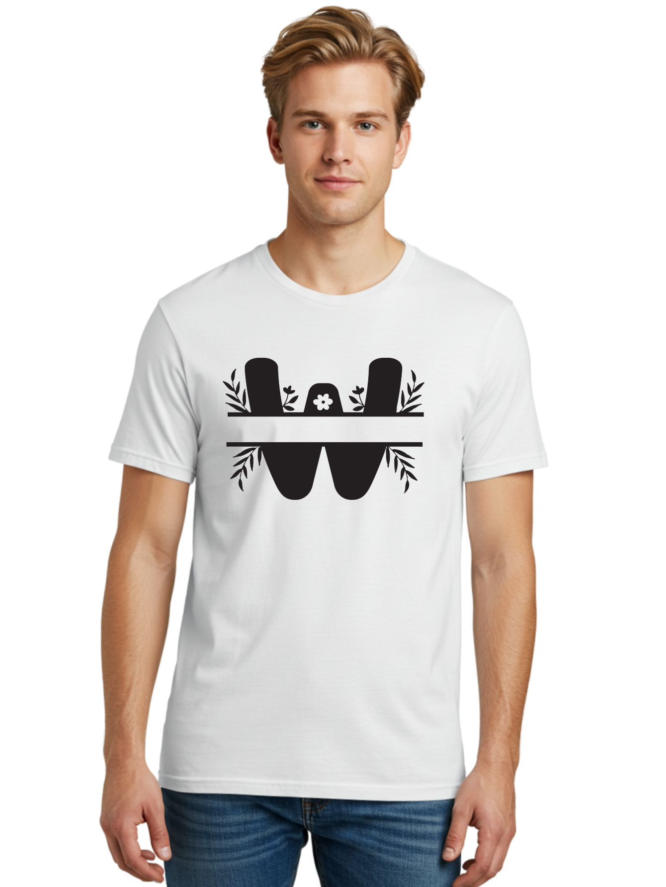 W-Logo Men'S Graphic Tee, 100% Cotton, Comfortable Casual Summer Wear, Machine Washable, Stylized Letter W, Floral Motifs, Minimalist Design, Black Silhouette, Leafy Pattern, Four-Leaf Clover Aad283 6