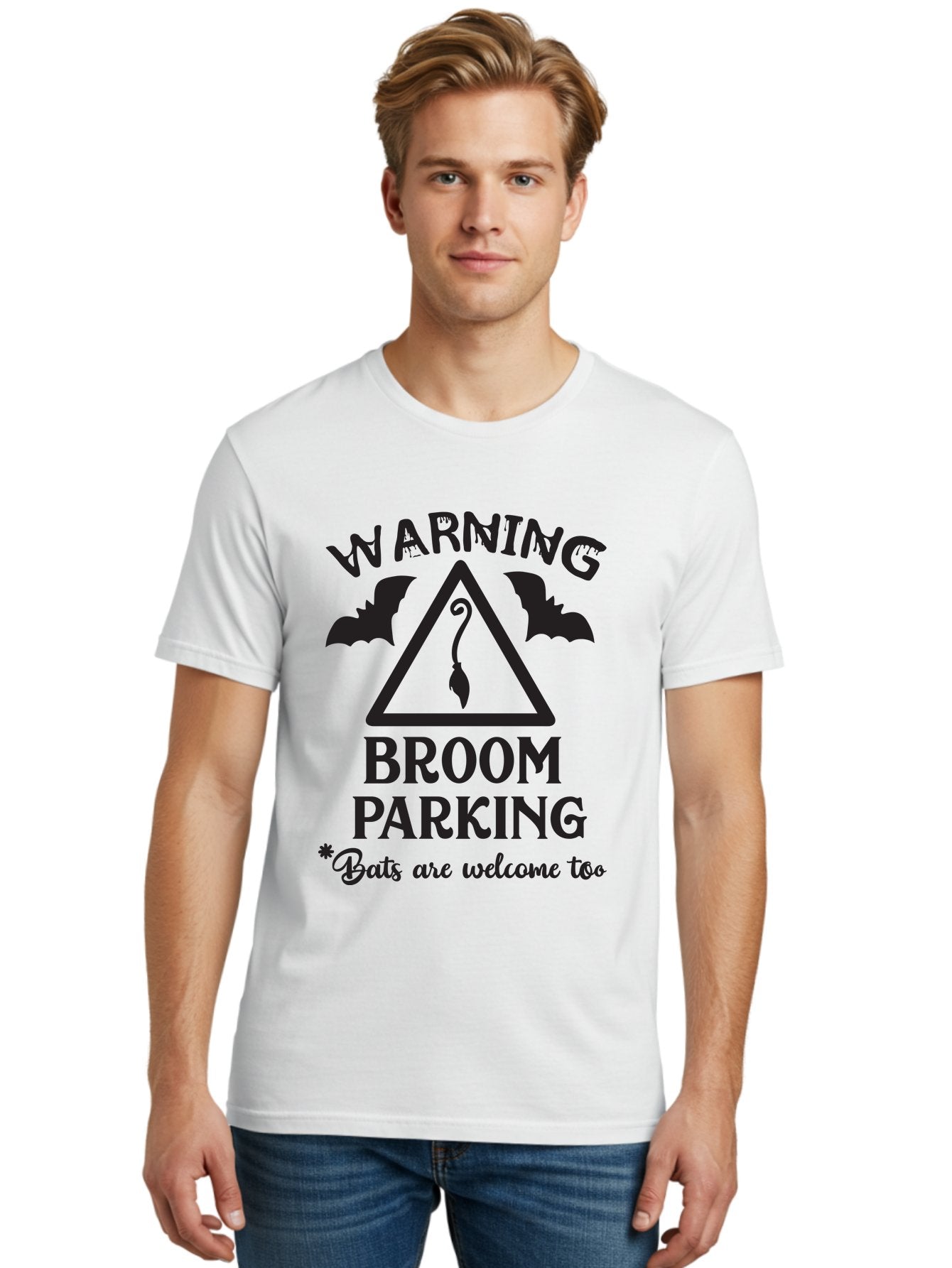 Warning-Broom-Parking Men'S Graphic Tee, 100% Cotton, Comfortable Casual Summer Wear, Machine Washable, Halloween Warning Sign, Broom Parking, Bats Are Welcome, Spooky Decor, Witchy Vibes, Halloween Decorations, Funny Halloween Signs Aad286 30