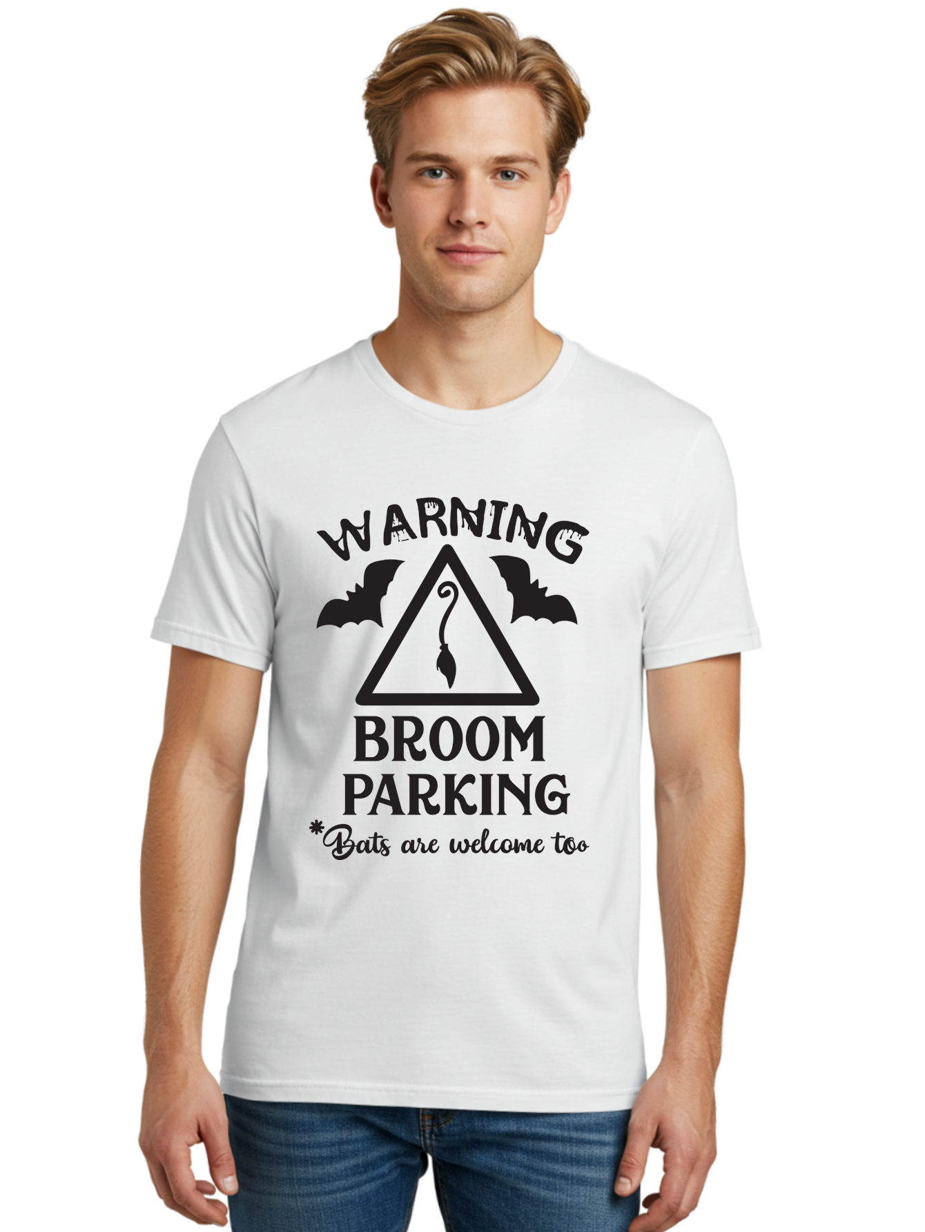Warning-Broom-Parking Men'S Graphic Tee, 100% Cotton, Comfortable Casual Summer Wear, Machine Washable, Halloween Warning Sign, Broom Parking, Bats Are Welcome, Spooky Decor, Witchy Vibes, Halloween Decorations, Funny Halloween Signs Aad286