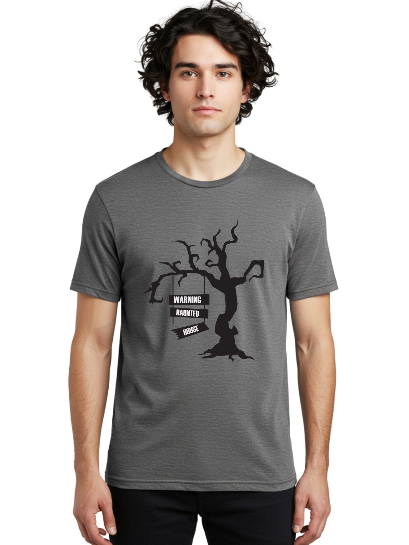 Warning-Haunted-House Men'S Graphic Tee, 100% Cotton, Comfortable Casual Summer Wear, Machine Washable, Haunted House, Spooky Tree, Warning Signs, Halloween Decorations, Scary Silhouettes, Haunted House Signs, Halloween Graphics, Aad287 27