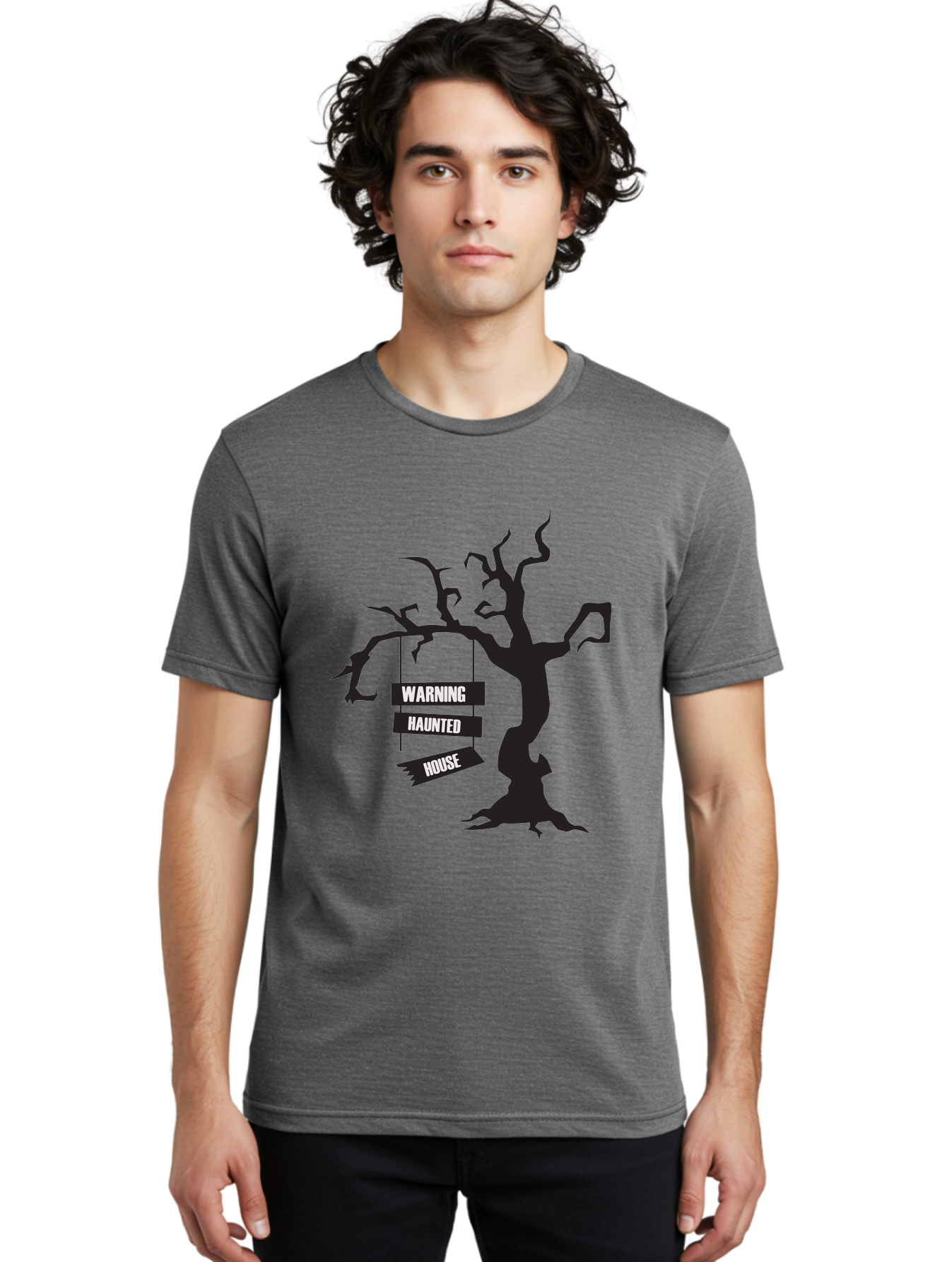 Warning-Haunted-House Men'S Graphic Tee, 100% Cotton, Comfortable Casual Summer Wear, Machine Washable, Haunted House, Spooky Tree, Warning Signs, Halloween Decorations, Scary Silhouettes, Haunted House Signs, Halloween Graphics, Aad287 8