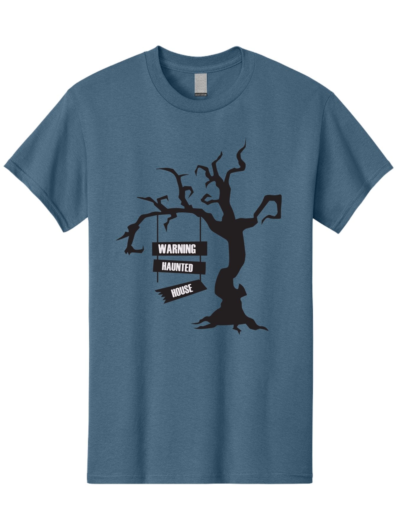 Warning-Haunted-House Men'S Graphic Tee, 100% Cotton, Comfortable Casual Summer Wear, Machine Washable, Haunted House, Spooky Tree, Warning Signs, Halloween Decorations, Scary Silhouettes, Haunted House Signs, Halloween Graphics, Aad287
