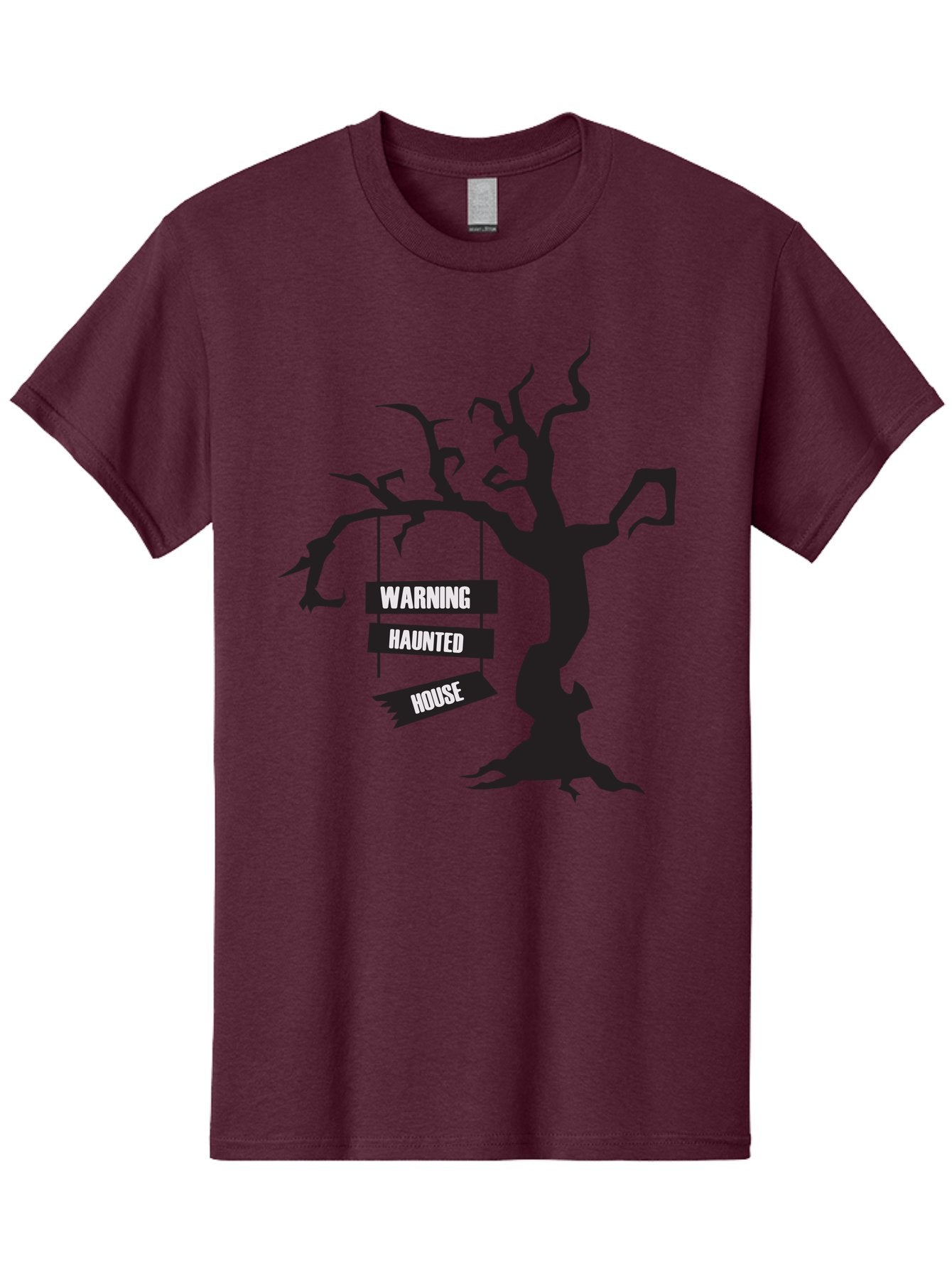 Warning-Haunted-House Men'S Graphic Tee, 100% Cotton, Comfortable Casual Summer Wear, Machine Washable, Haunted House, Spooky Tree, Warning Signs, Halloween Decorations, Scary Silhouettes, Haunted House Signs, Halloween Graphics, Aad287 7