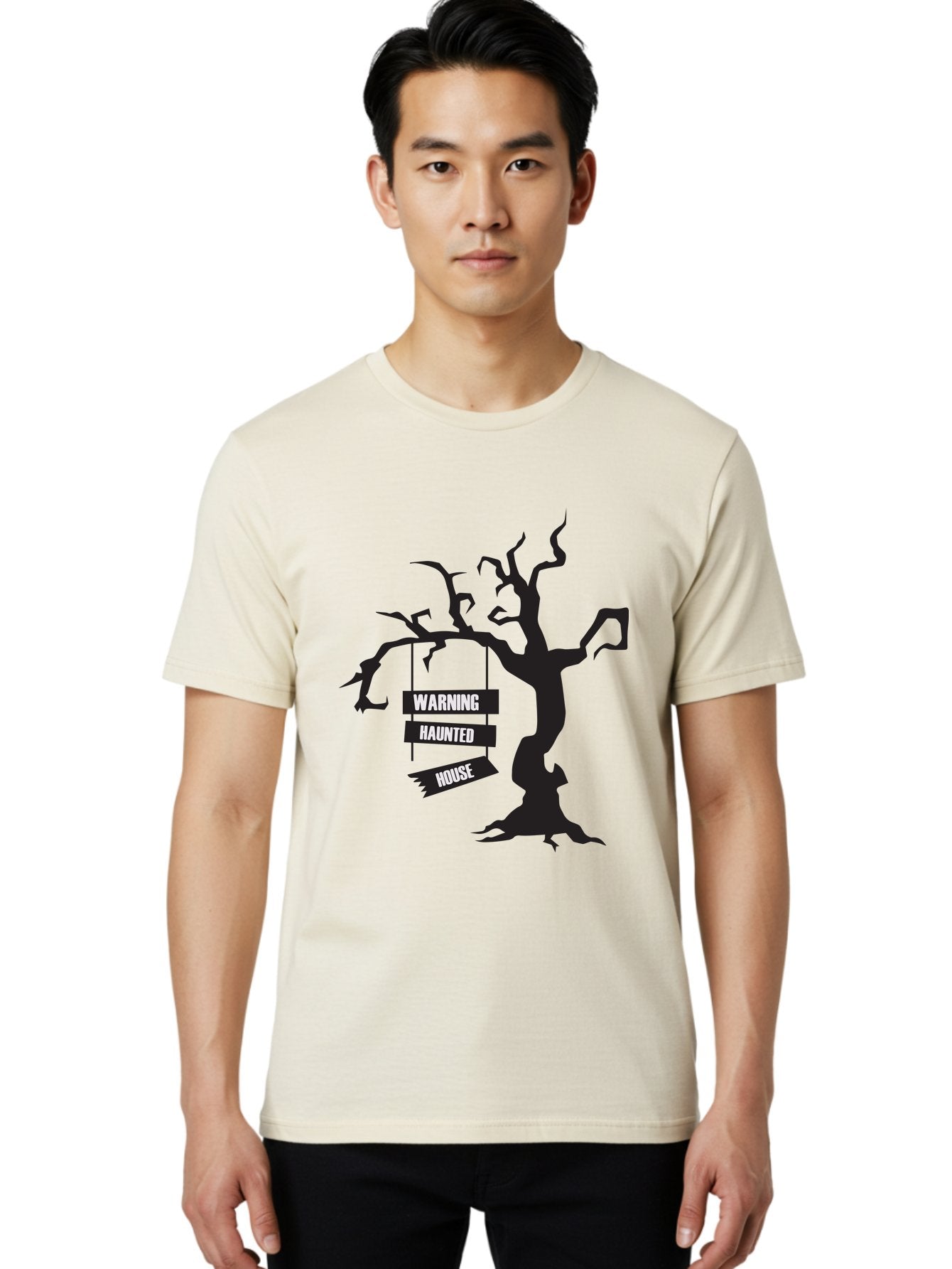Warning-Haunted-House Men'S Graphic Tee, 100% Cotton, Comfortable Casual Summer Wear, Machine Washable, Haunted House, Spooky Tree, Warning Signs, Halloween Decorations, Scary Silhouettes, Haunted House Signs, Halloween Graphics, Aad287 22