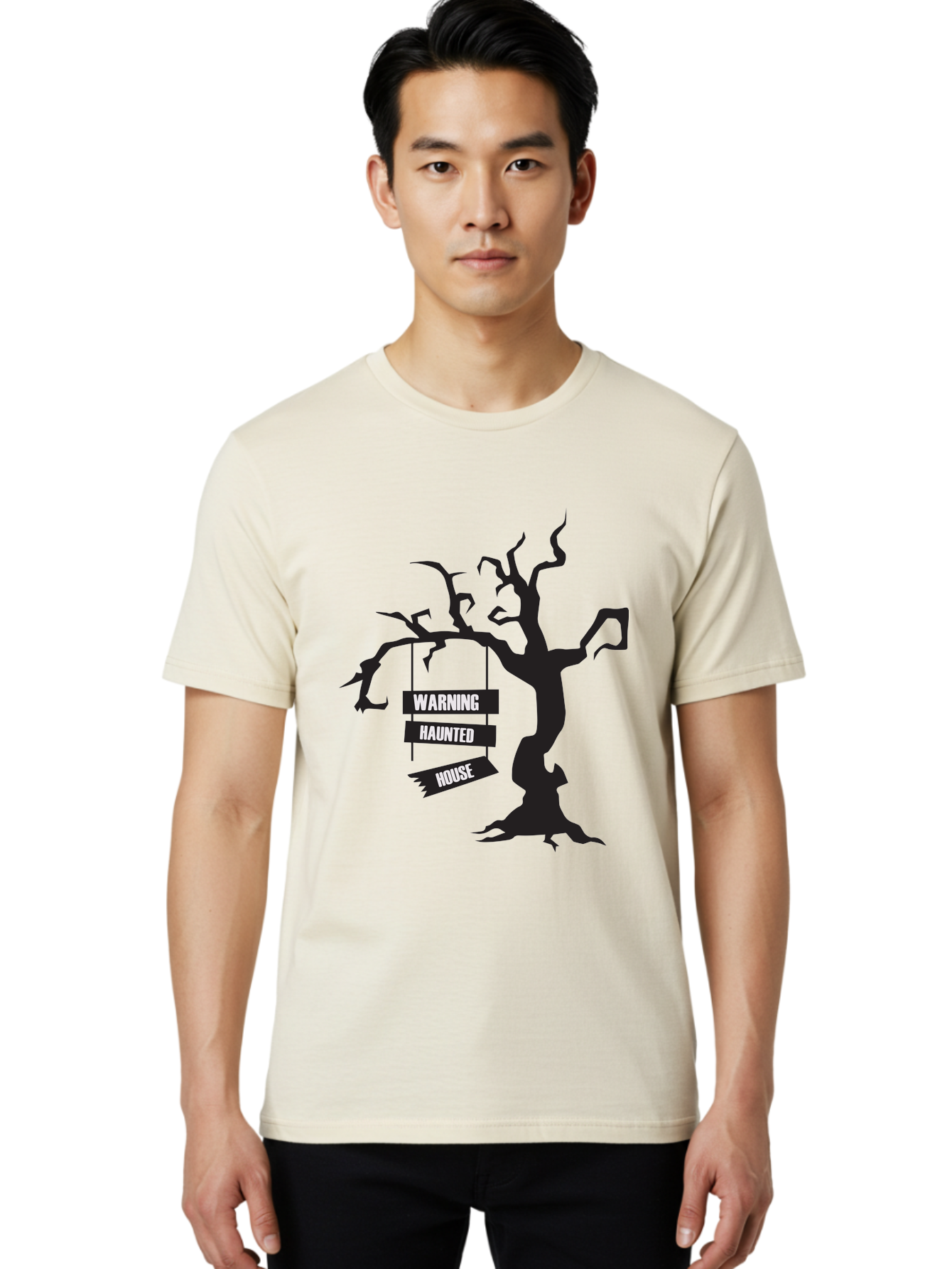 Warning-Haunted-House Men'S Graphic Tee, 100% Cotton, Comfortable Casual Summer Wear, Machine Washable, Haunted House, Spooky Tree, Warning Signs, Halloween Decorations, Scary Silhouettes, Haunted House Signs, Halloween Graphics, Aad287 18