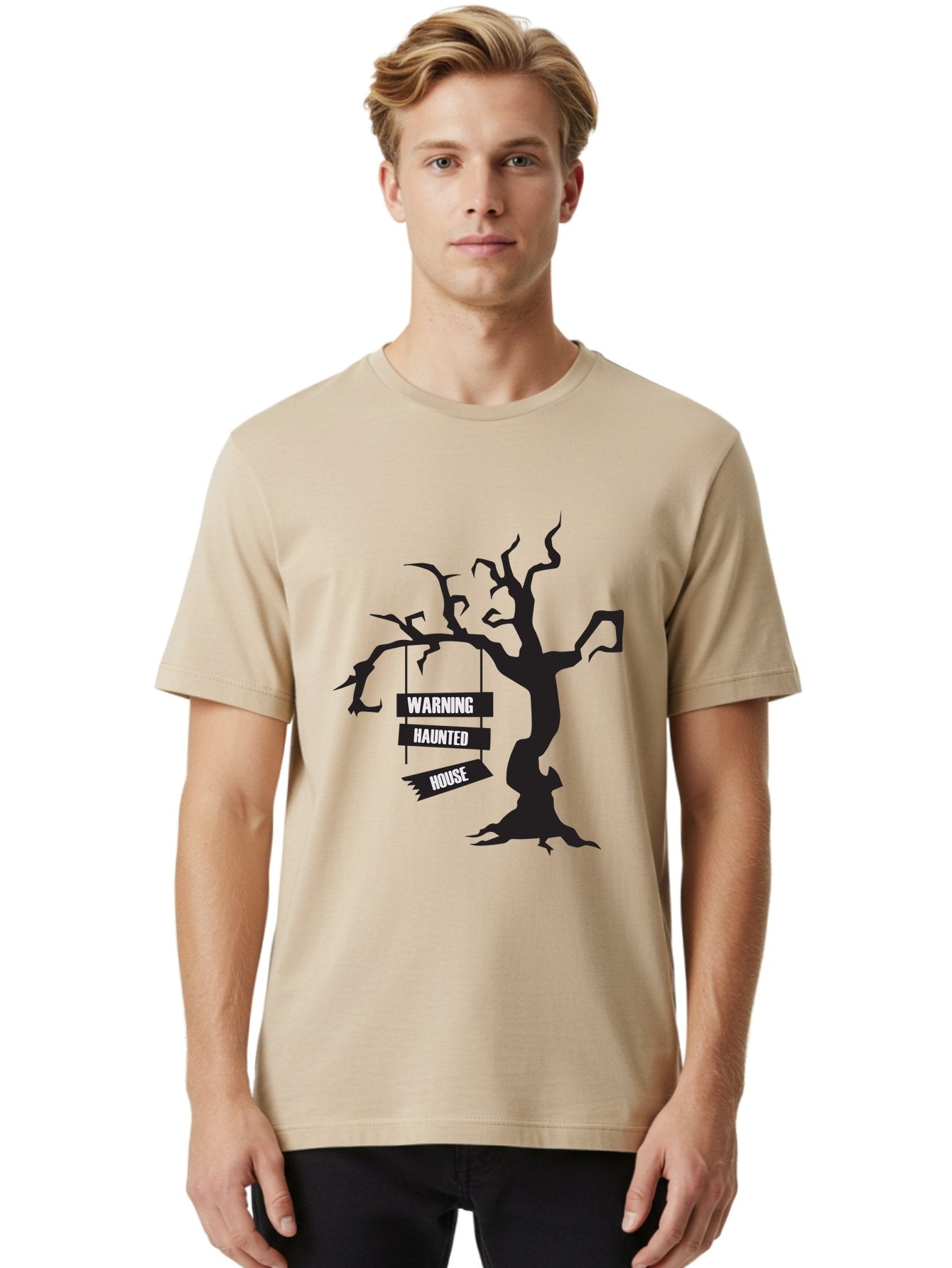 Warning-Haunted-House Men'S Graphic Tee, 100% Cotton, Comfortable Casual Summer Wear, Machine Washable, Haunted House, Spooky Tree, Warning Signs, Halloween Decorations, Scary Silhouettes, Haunted House Signs, Halloween Graphics, Aad287 20