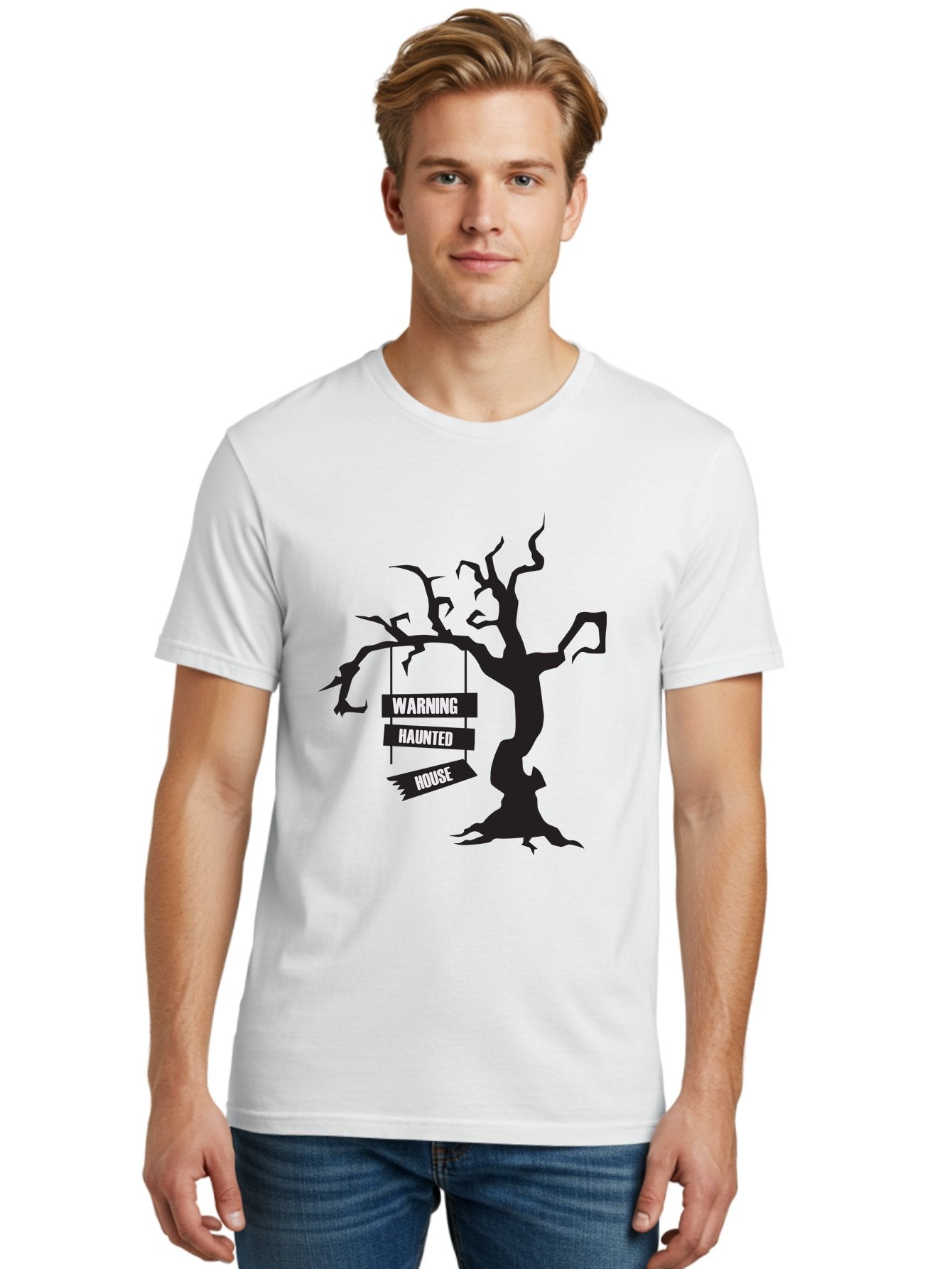 Warning-Haunted-House Men'S Graphic Tee, 100% Cotton, Comfortable Casual Summer Wear, Machine Washable, Haunted House, Spooky Tree, Warning Signs, Halloween Decorations, Scary Silhouettes, Haunted House Signs, Halloween Graphics, Aad287 29