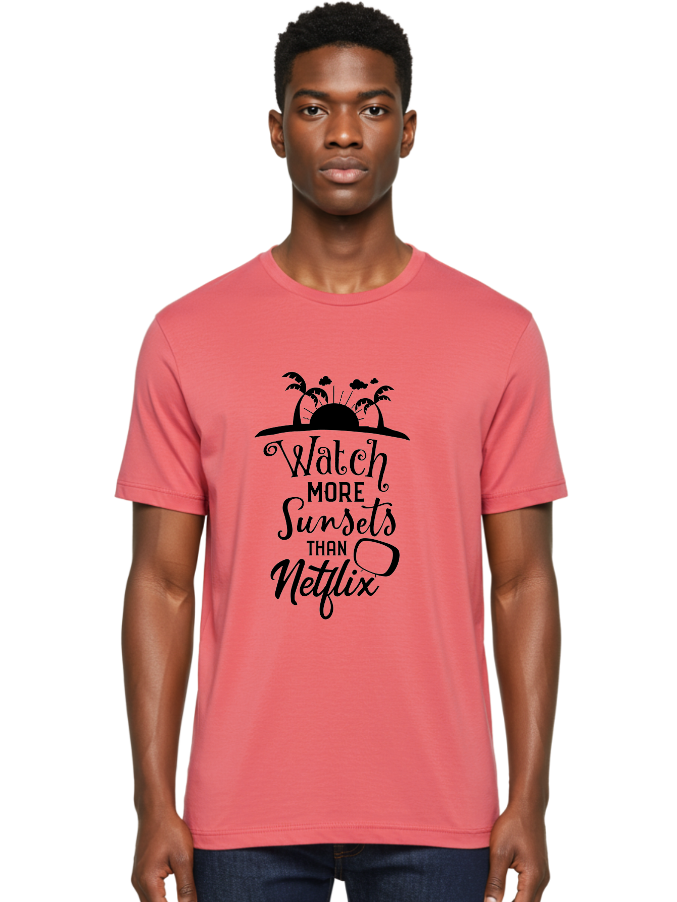 Watch-More-Sunsets-Than-Netflix Men'S Graphic Tee, 100% Cotton, Comfortable Casual Summer Wear, Machine Washable, Tropical Getaway, Sunset Vibes, Paradise Found, Wanderlust, Travel Inspiration, Netflix Alternative, Outdoor Adventures, Aad289 22
