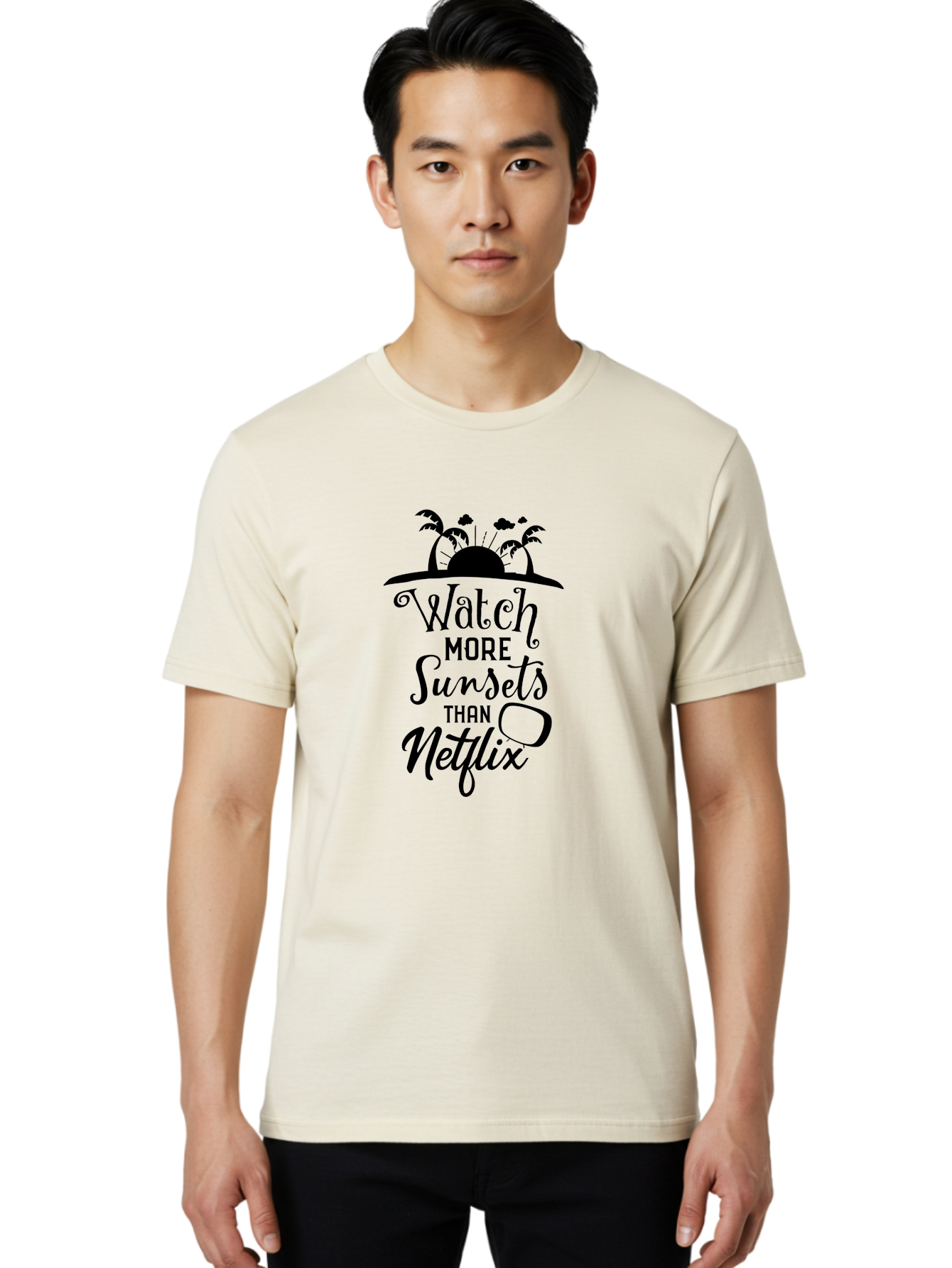 Watch-More-Sunsets-Than-Netflix Men'S Graphic Tee, 100% Cotton, Comfortable Casual Summer Wear, Machine Washable, Tropical Getaway, Sunset Vibes, Paradise Found, Wanderlust, Travel Inspiration, Netflix Alternative, Outdoor Adventures, Aad289