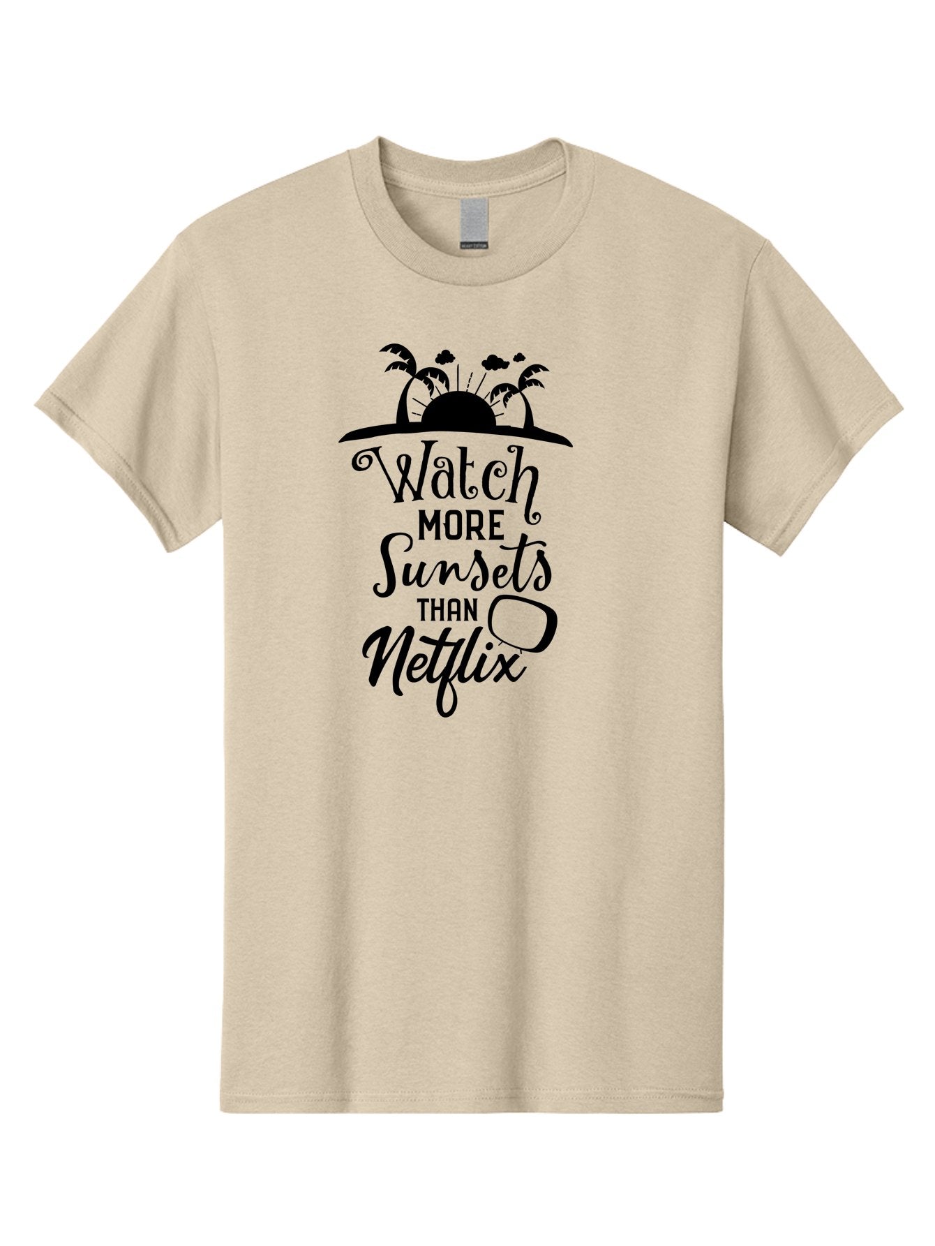 Watch-More-Sunsets-Than-Netflix Men'S Graphic Tee, 100% Cotton, Comfortable Casual Summer Wear, Machine Washable, Tropical Getaway, Sunset Vibes, Paradise Found, Wanderlust, Travel Inspiration, Netflix Alternative, Outdoor Adventures, Aad289 13