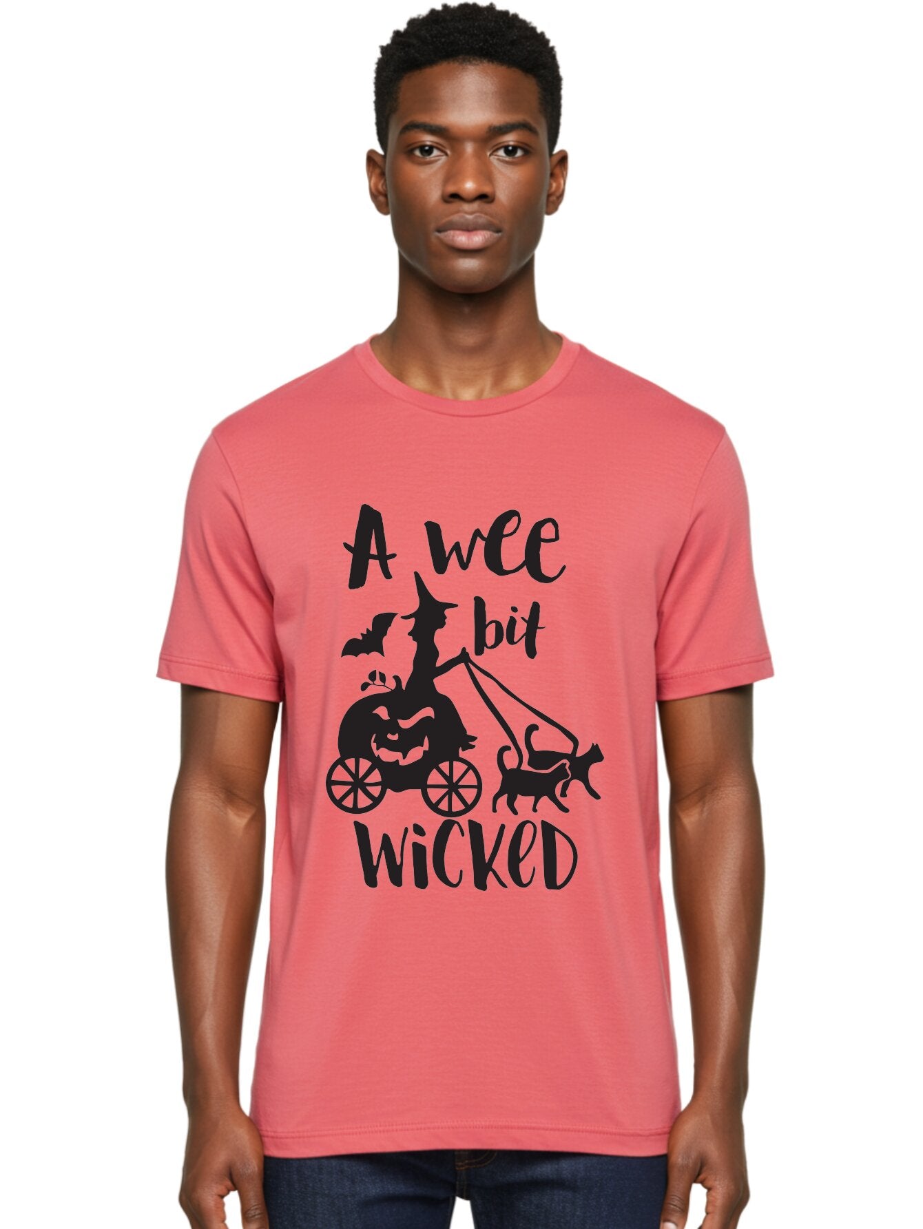 Wee-Bit-Wicked Men'S Graphic Tee, 100% Cotton, Comfortable Casual Summer Wear, Machine Washable, Witch Riding Pumpkin Cart, Black Cats, Bats, Halloween Silhouette, Spooky Scene, Halloween Decorations, Witchy Vibes, Jack-O-Lantern, Aad293 20