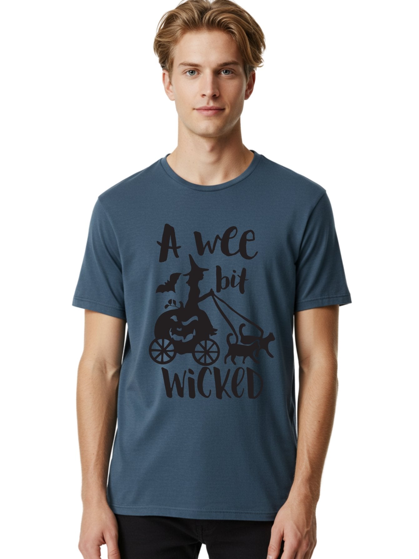 Wee-Bit-Wicked Men'S Graphic Tee, 100% Cotton, Comfortable Casual Summer Wear, Machine Washable, Witch Riding Pumpkin Cart, Black Cats, Bats, Halloween Silhouette, Spooky Scene, Halloween Decorations, Witchy Vibes, Jack-O-Lantern, Aad293 27