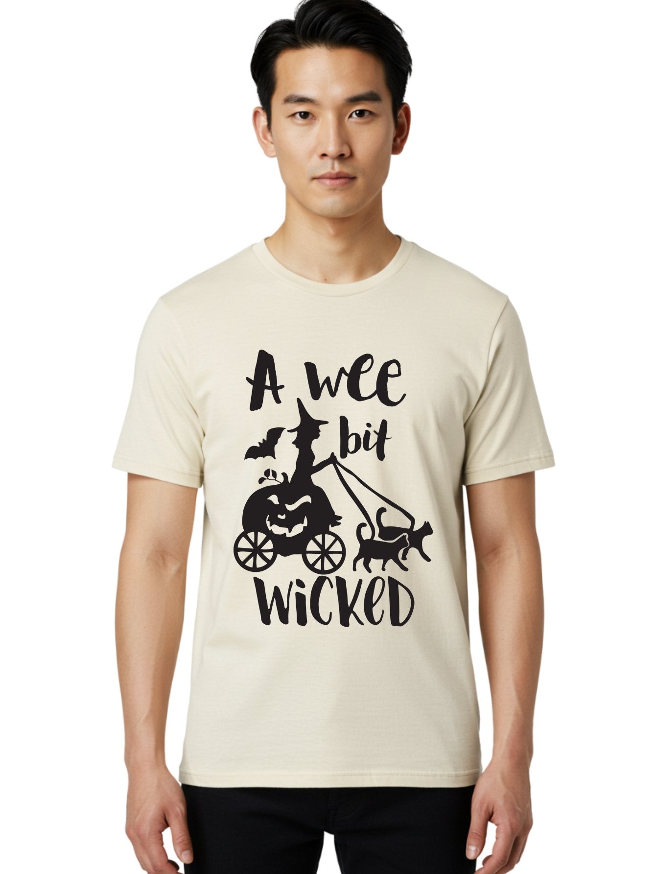 Wee-Bit-Wicked Men'S Graphic Tee, 100% Cotton, Comfortable Casual Summer Wear, Machine Washable, Witch Riding Pumpkin Cart, Black Cats, Bats, Halloween Silhouette, Spooky Scene, Halloween Decorations, Witchy Vibes, Jack-O-Lantern, Aad293 26