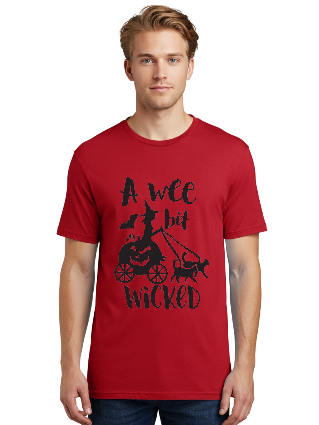 Wee-Bit-Wicked Men'S Graphic Tee, 100% Cotton, Comfortable Casual Summer Wear, Machine Washable, Witch Riding Pumpkin Cart, Black Cats, Bats, Halloween Silhouette, Spooky Scene, Halloween Decorations, Witchy Vibes, Jack-O-Lantern, Aad293 30