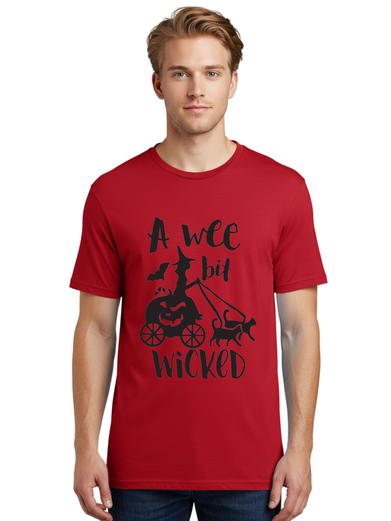 Wee-Bit-Wicked Men'S Graphic Tee, 100% Cotton, Comfortable Casual Summer Wear, Machine Washable, Witch Riding Pumpkin Cart, Black Cats, Bats, Halloween Silhouette, Spooky Scene, Halloween Decorations, Witchy Vibes, Jack-O-Lantern, Aad293