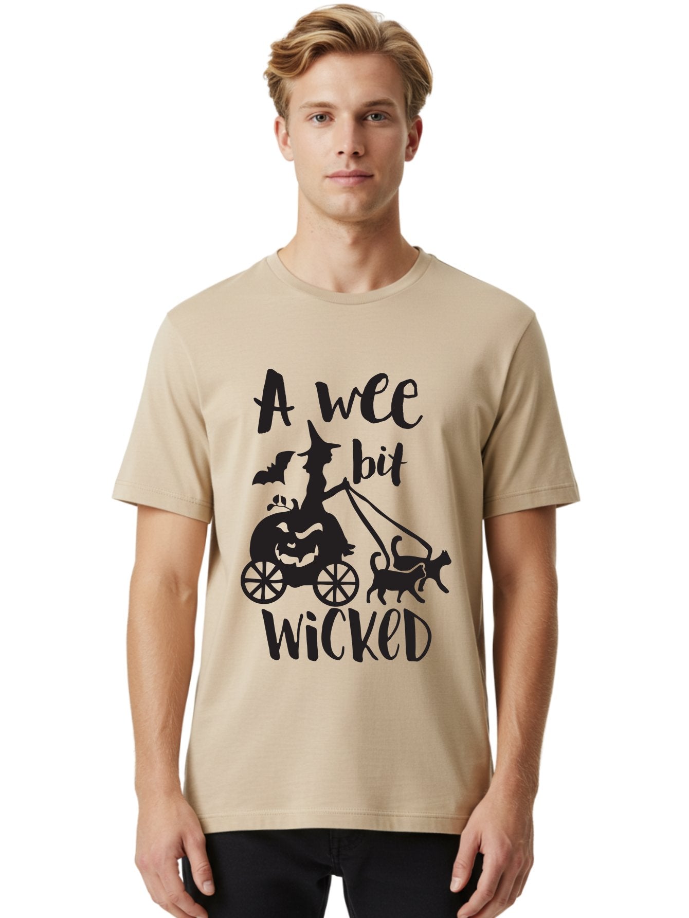 Wee-Bit-Wicked Men'S Graphic Tee, 100% Cotton, Comfortable Casual Summer Wear, Machine Washable, Witch Riding Pumpkin Cart, Black Cats, Bats, Halloween Silhouette, Spooky Scene, Halloween Decorations, Witchy Vibes, Jack-O-Lantern, Aad293 18