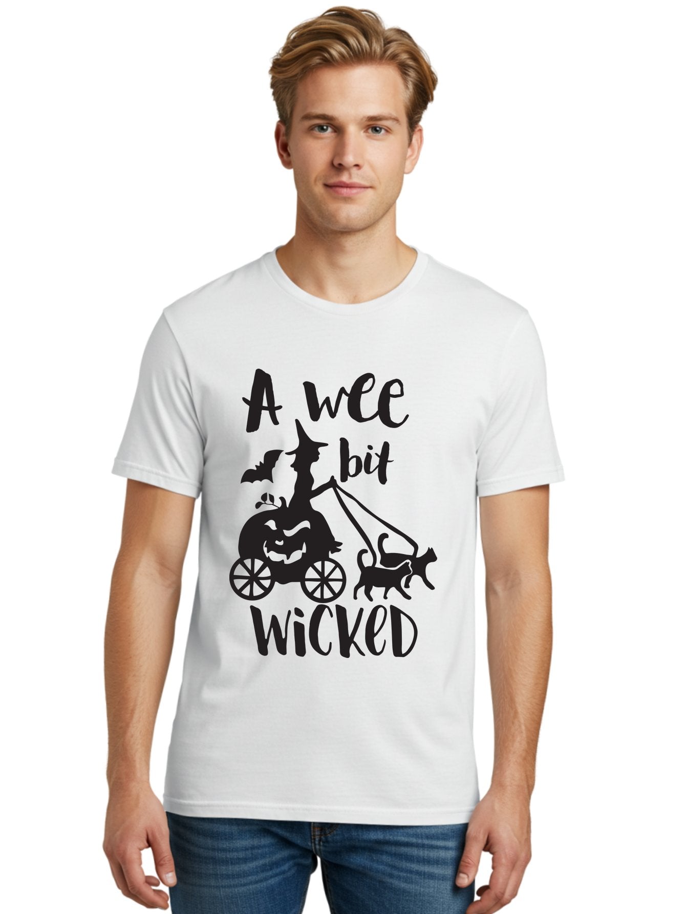 Wee-Bit-Wicked Men'S Graphic Tee, 100% Cotton, Comfortable Casual Summer Wear, Machine Washable, Witch Riding Pumpkin Cart, Black Cats, Bats, Halloween Silhouette, Spooky Scene, Halloween Decorations, Witchy Vibes, Jack-O-Lantern, Aad293 23