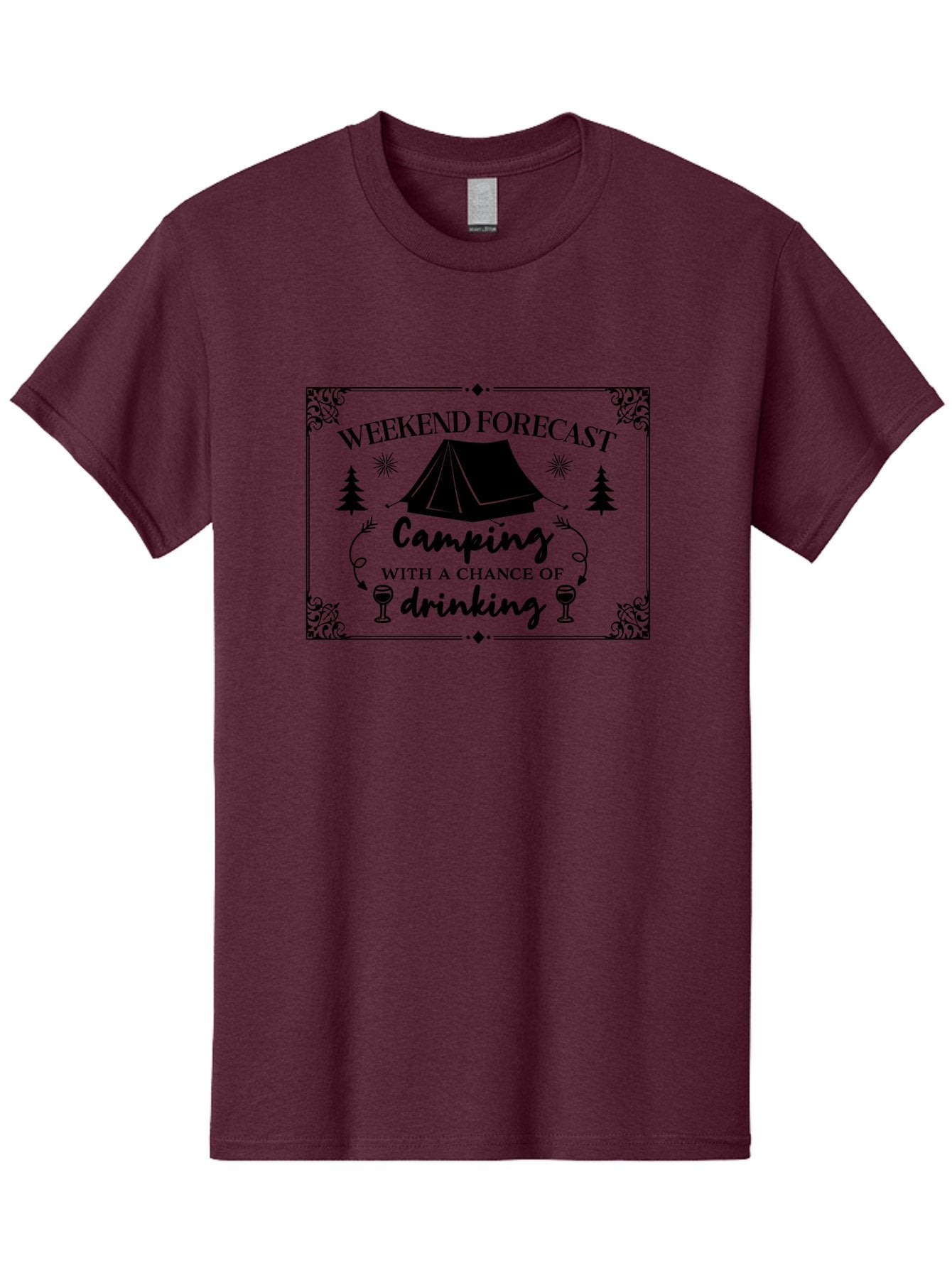 Weekend-Forecast Men'S Graphic Tee, 100% Cotton, Comfortable Casual Summer Wear, Machine Washable, Camping Trip, Weekend Getaway, Outdoor Adventure, Wine Glasses, Forest Scenery, Camping Tent, Stars, Nature Escape, Relaxation, Fun Times Aad295 5