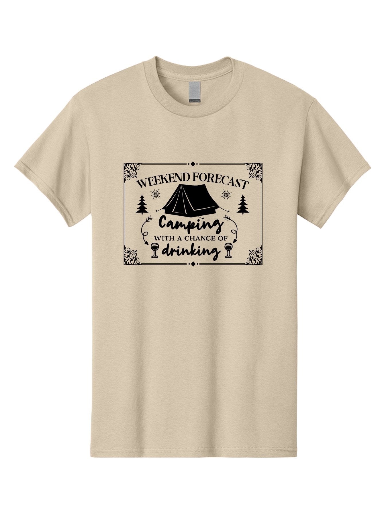 Weekend-Forecast Men'S Graphic Tee, 100% Cotton, Comfortable Casual Summer Wear, Machine Washable, Camping Trip, Weekend Getaway, Outdoor Adventure, Wine Glasses, Forest Scenery, Camping Tent, Stars, Nature Escape, Relaxation, Fun Times Aad295 15