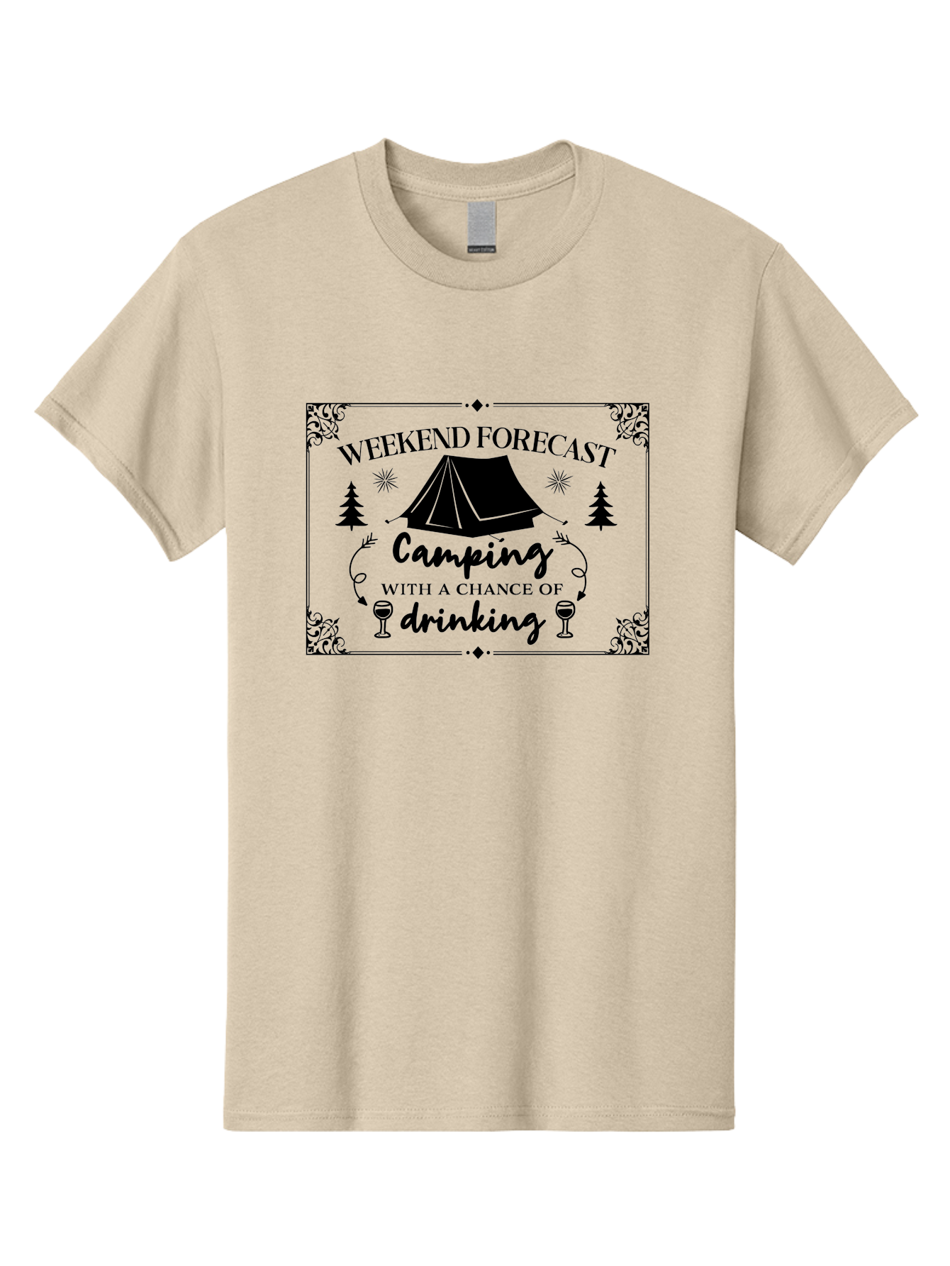 Weekend-Forecast Men'S Graphic Tee, 100% Cotton, Comfortable Casual Summer Wear, Machine Washable, Camping Trip, Weekend Getaway, Outdoor Adventure, Wine Glasses, Forest Scenery, Camping Tent, Stars, Nature Escape, Relaxation, Fun Times Aad295