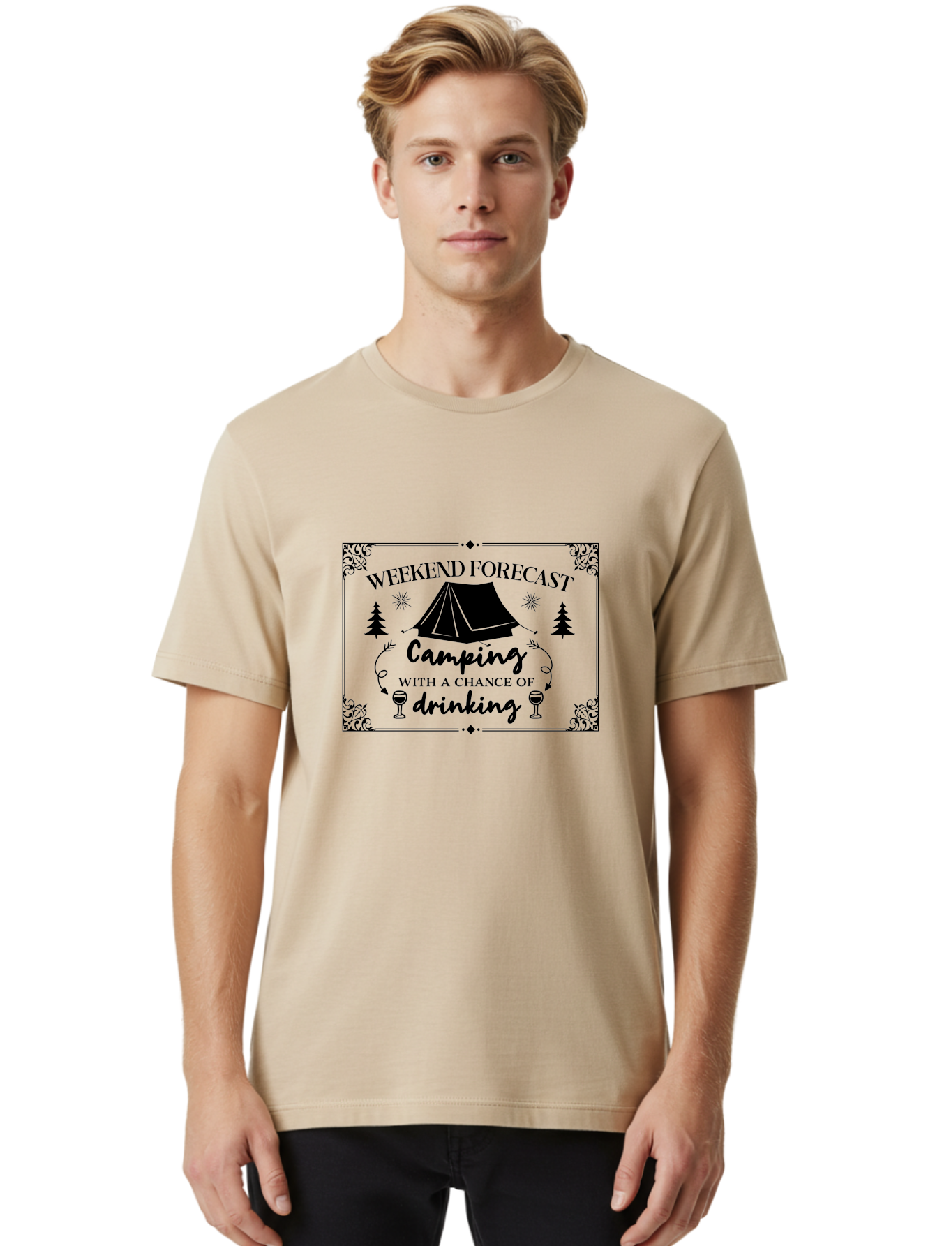 Weekend-Forecast Men'S Graphic Tee, 100% Cotton, Comfortable Casual Summer Wear, Machine Washable, Camping Trip, Weekend Getaway, Outdoor Adventure, Wine Glasses, Forest Scenery, Camping Tent, Stars, Nature Escape, Relaxation, Fun Times Aad295