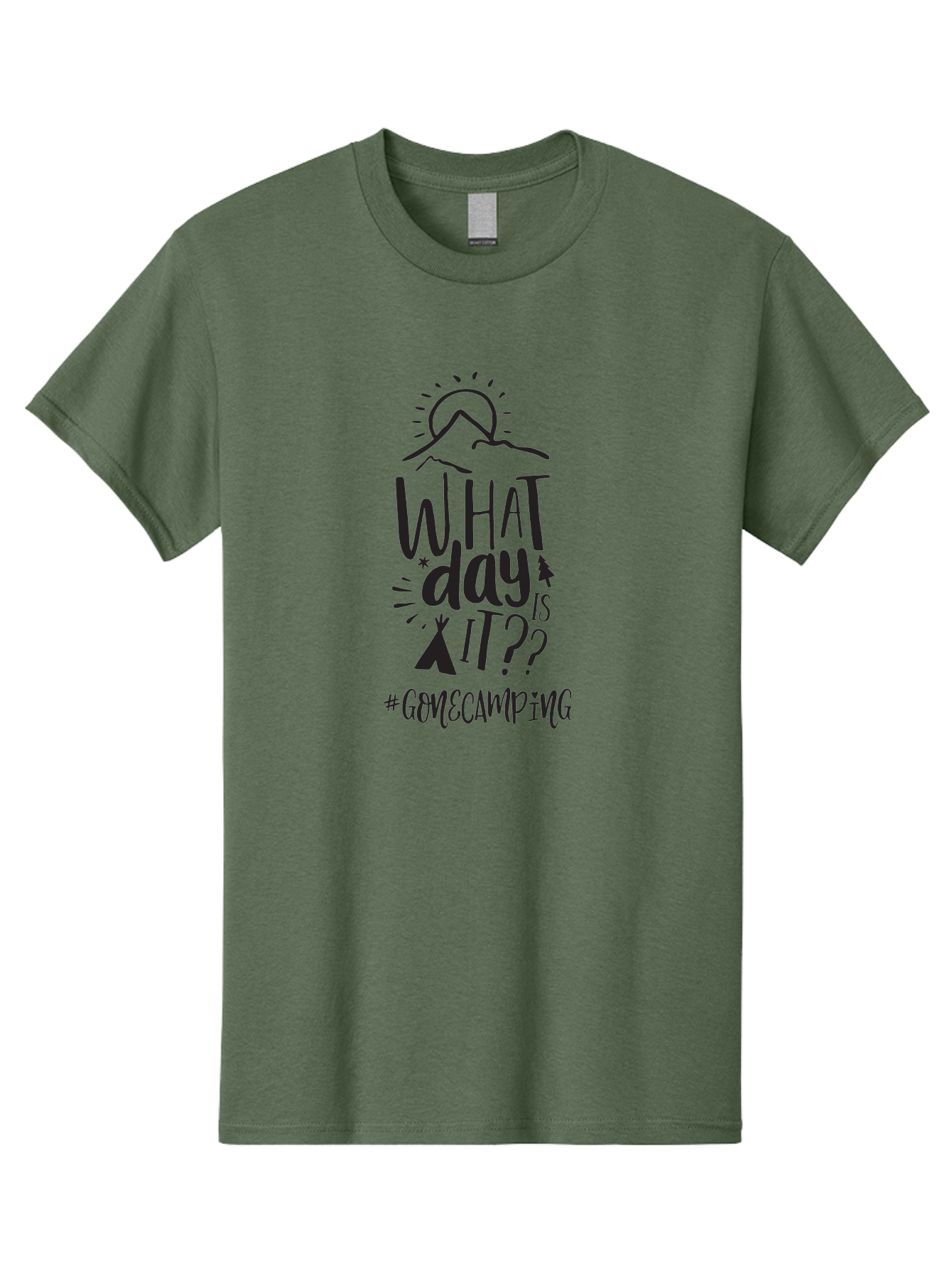 What-Day-Is-It-Gomecamping Men'S Graphic Tee, 100% Cotton, Comfortable Casual Summer Wear, Machine Washable, Camping Trip, Outdoor Adventure, Nature Escape, Teepee, Mountains, Sun, Stars, Hashtag Gomecamping, Camping Life, Weekend Getaway Aad297
